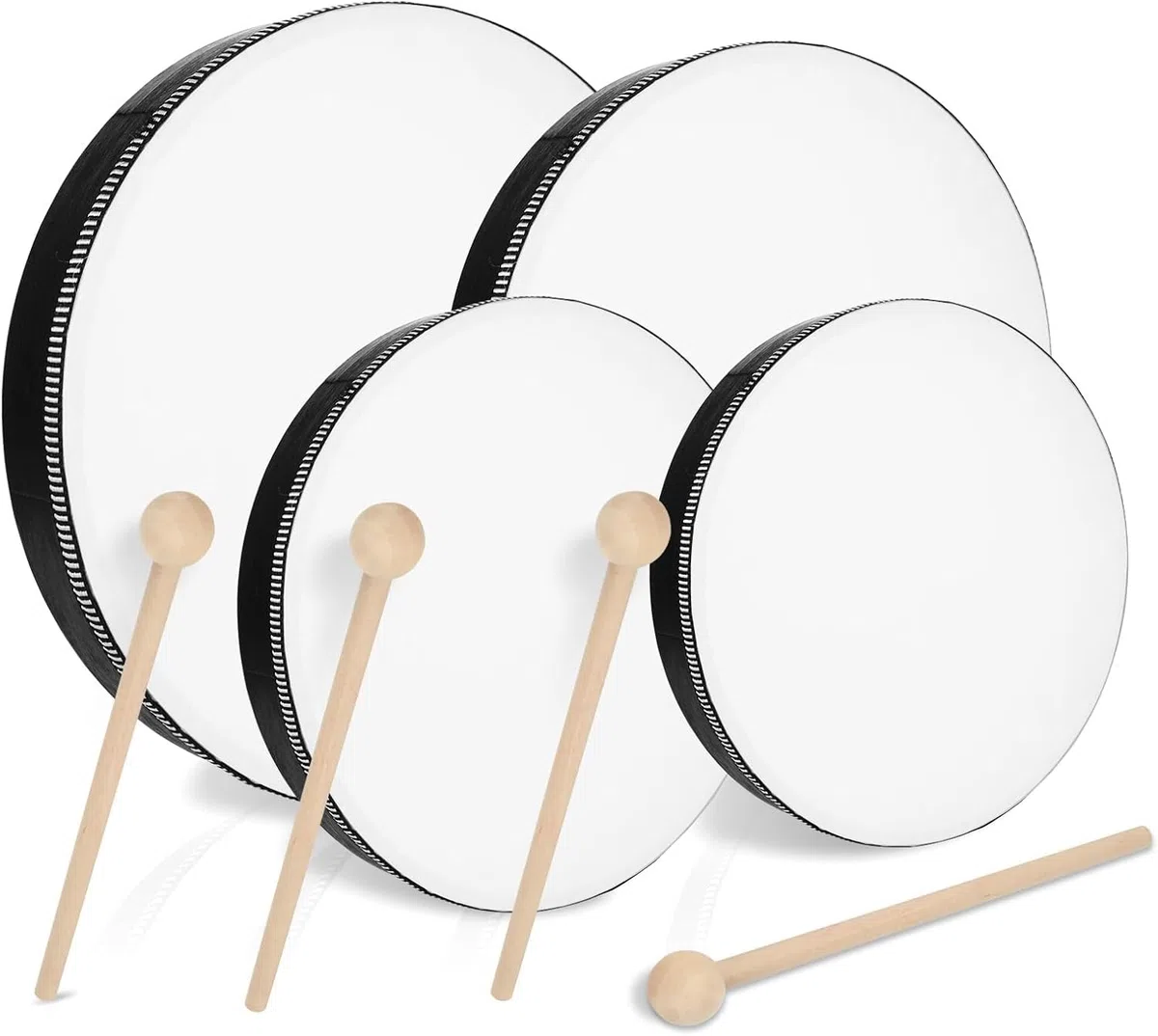 MIVIDE 4 Stück Handtrommel mit Schlägel, Tamburin Trommel, Tambourin Percussion, Holz Handtrommel Set für Party, Leistungen(4zoll, 6zoll, 8zoll und 10zoll)