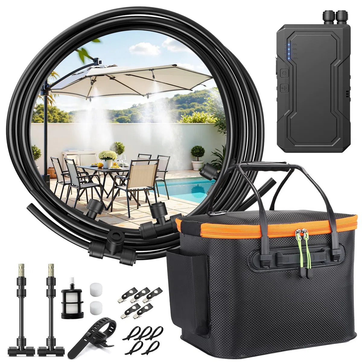 Ausic Tragbares Nebelsystem Für Außenterrasse, Wasserkühlung Mit Batteriebetriebener Pumpe (max. 8 Stunden), Eimer, 7, Schlauch, Terrassen-Nebel Heckklappe, Weide, Camping, Vordach, Sport, 20 L, M