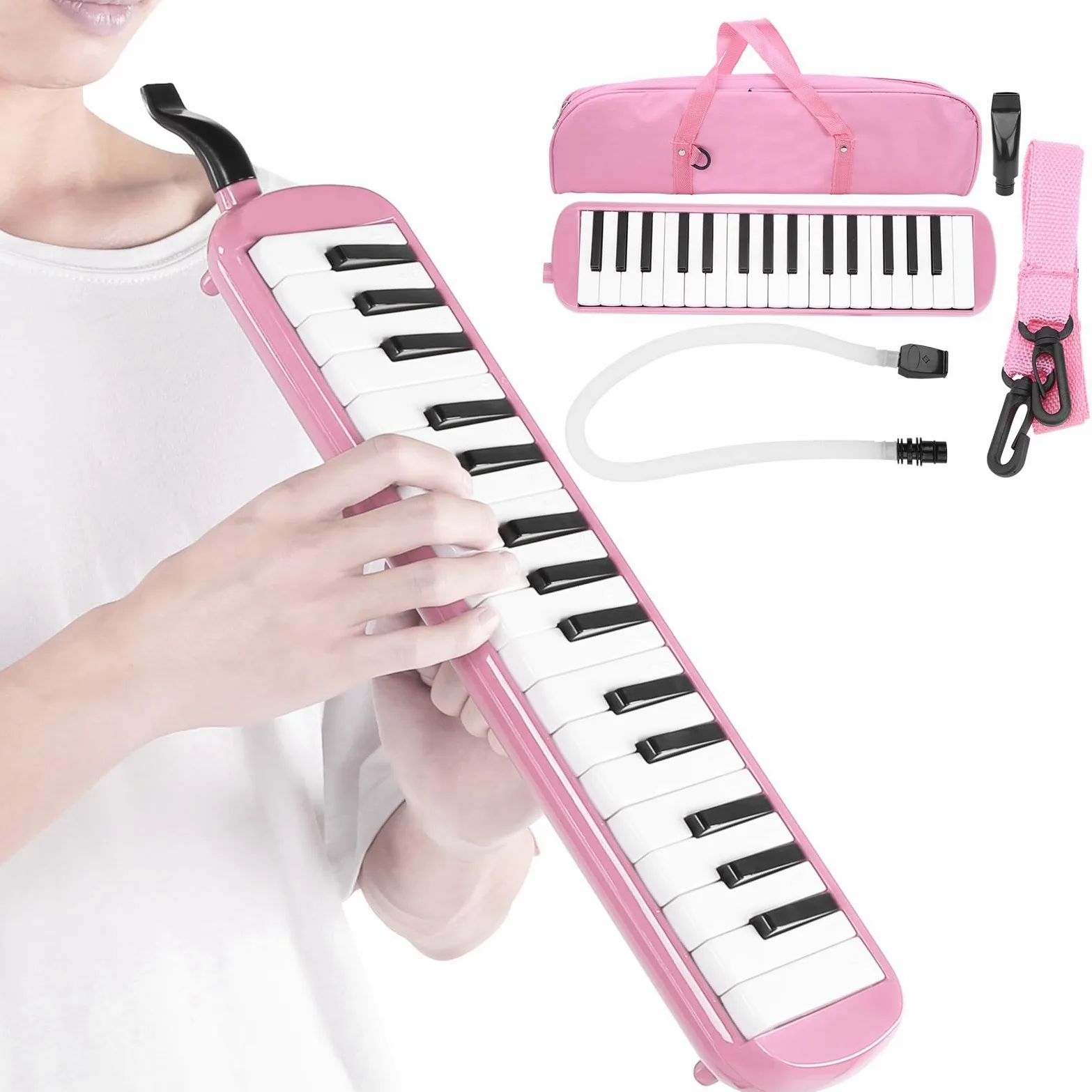 Melodica 32 Tasten, lange flexible Tastenmelodica mit Mundstück Tasche rosa für Musikschüler Kreative Reisende