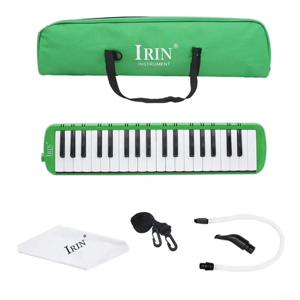 Student Melodica mit 37 Tasten und Tube-Tasche, inklusive kurzen und langen Mundstücken für verschiedene Spielstile (Grün)