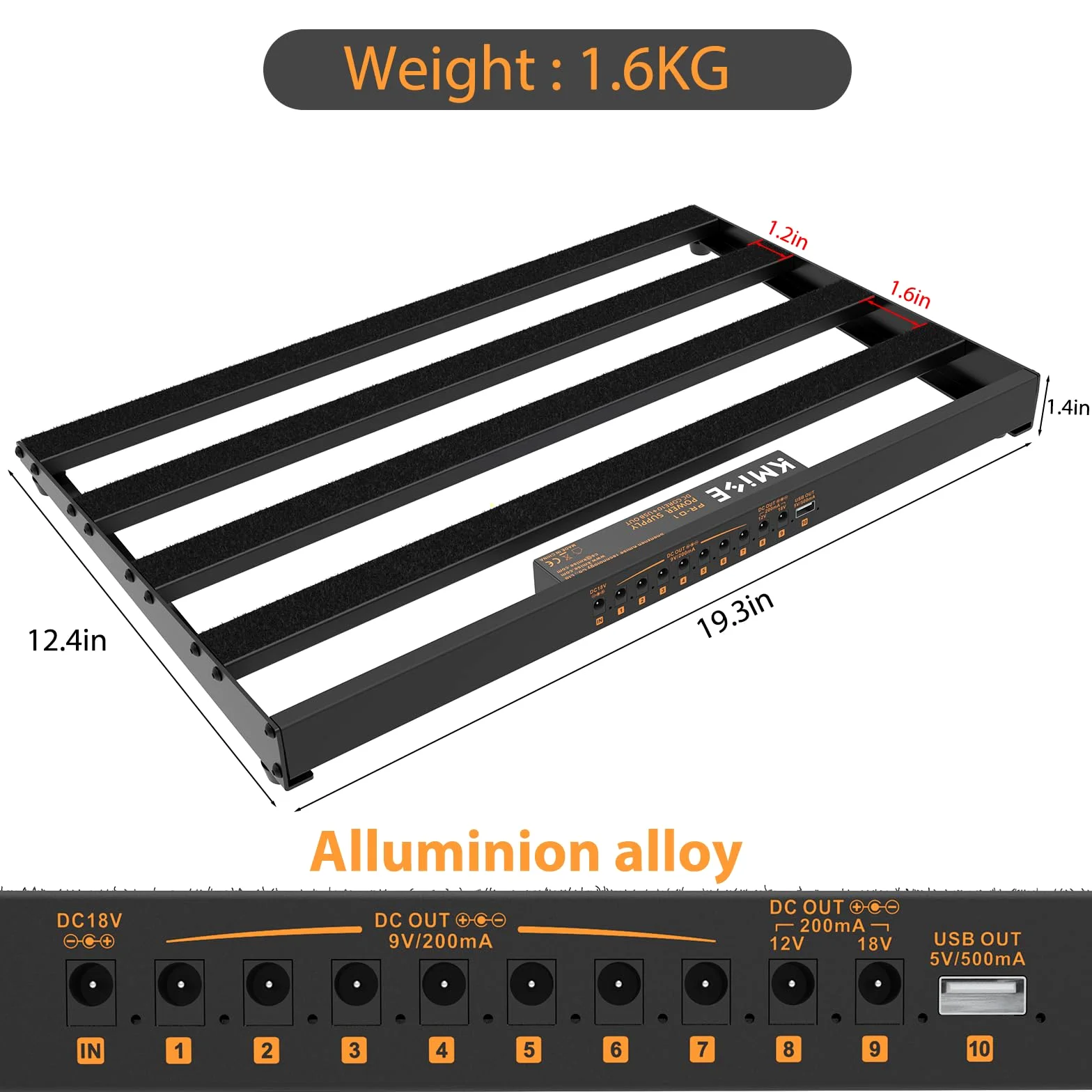 Kmise 49 x 31,5x 3,5cm Guitar Pedal Board Mittlere Größe, mit eingebautem Netzteil Gitarren-Effektpedal Aluminiumlegierung Netzteil mit Tasche, Pedalkabel,Ladegerät, Klettverschluss,Kabelbinder