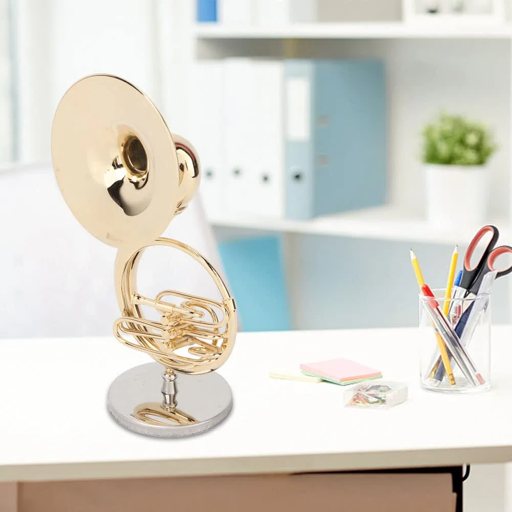 Cyrank Sousaphon-Modell-Ornament, Metall-Musikinstrument-Modell Sousaphon-Display-Ornament mit Ständer und Gehäuse Miniatur-Musikreplik-Dekoration