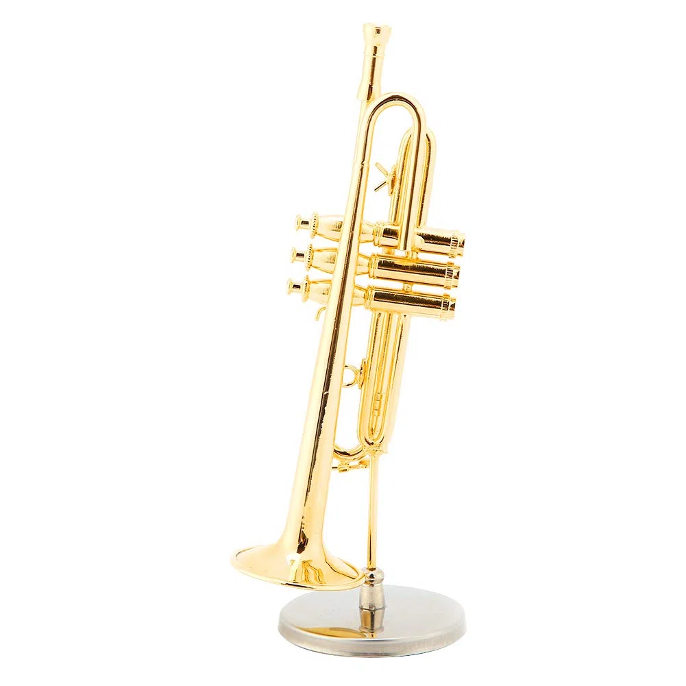 Miniatur-Trompetenreplik, Vergoldetes Messing Miniaturtrompete mit Ständer und Holzbox, Exquisites Instrumentenmodell als Dekoration für den Schreibtisch zu Hause und als Geschenks