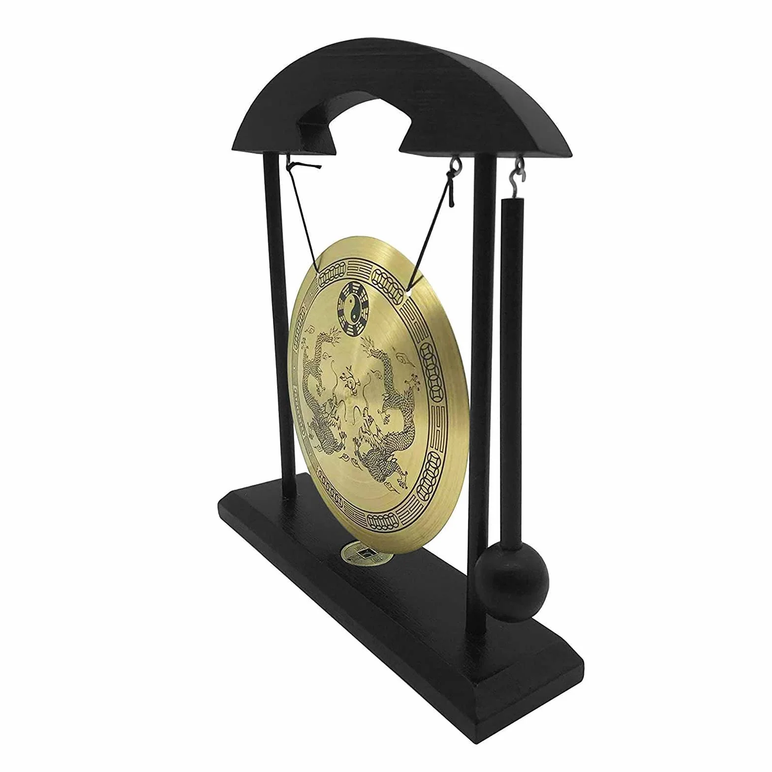 Chinesischer Desktop-Gong, Desktop Gongschlag mit Holzsockel Zen-Dekoration aus Holz und Kupfer, für Zuhause Büro Wohnzimmer (Doppelte Drachen)