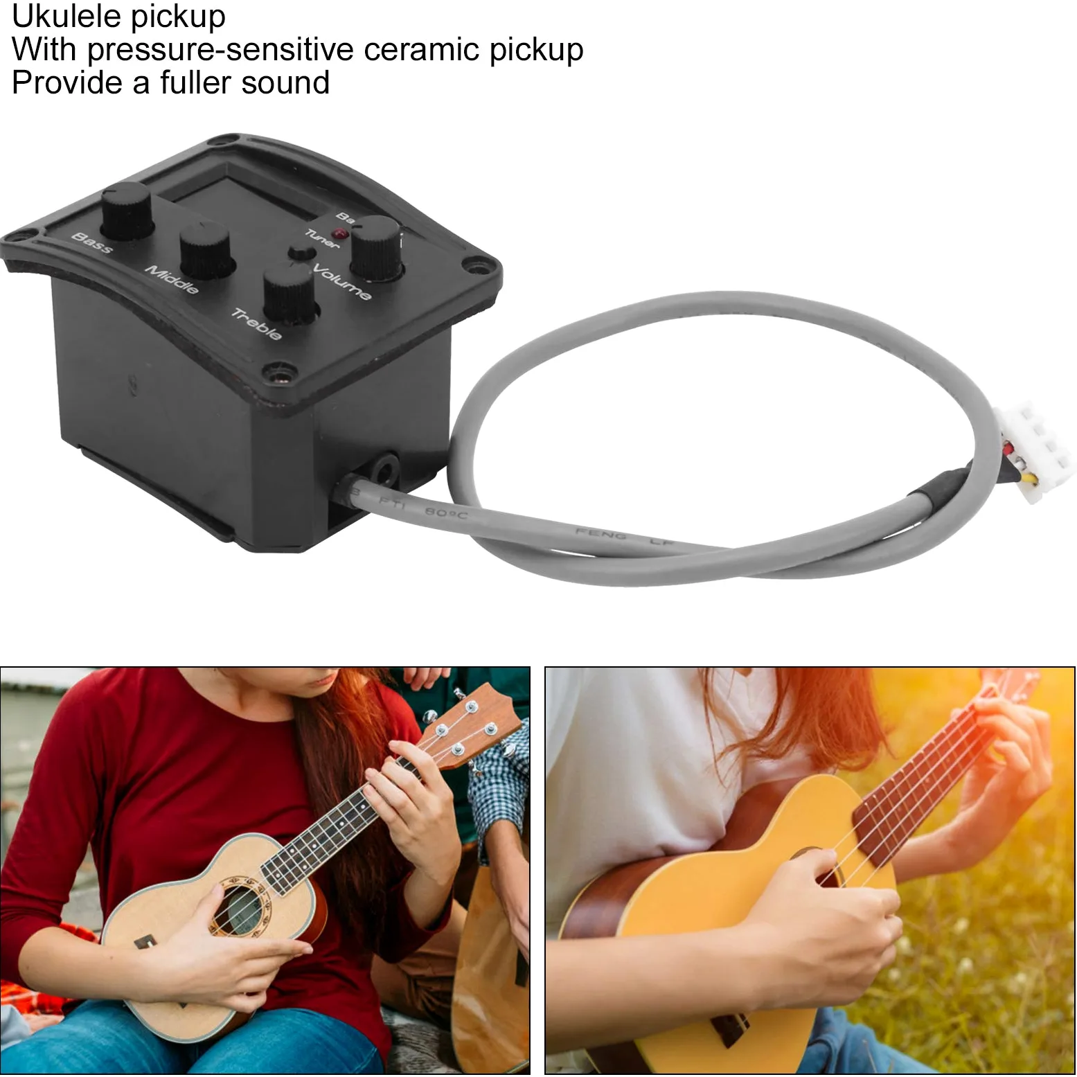 Ukulele Pickup System, 3-Band-Equalizer mit LED-Display und Lautstärkeregler, Tonabnehmer für Musiker auf Bühne Studio und Heimgebrauch