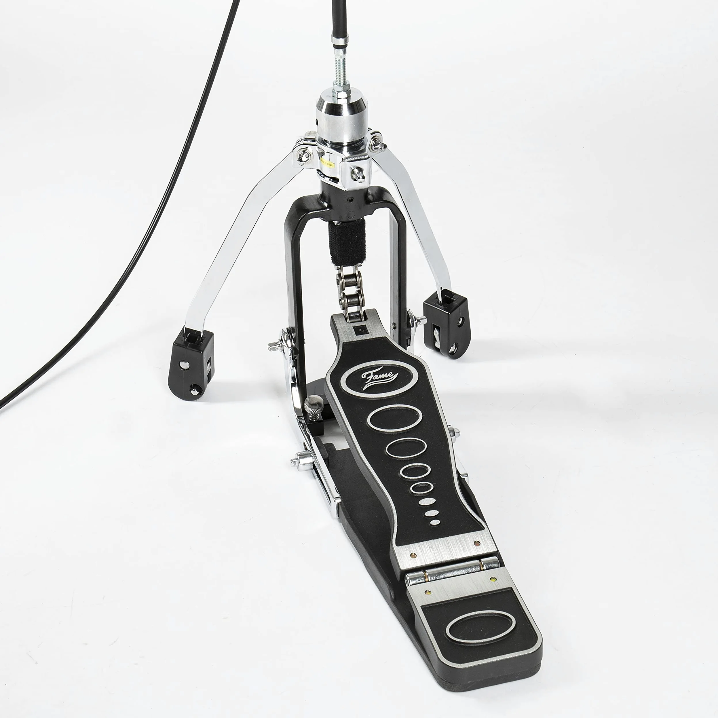 Fame HH9007 Remote Cable HiHat Ständer, Professionelle Einzelkette, Einstrebig, Verchromt, Drehbare Beine, Spikes, Ergonomisches Pedal, Stabiles Kabel, Multiklammer, Drop Clutch