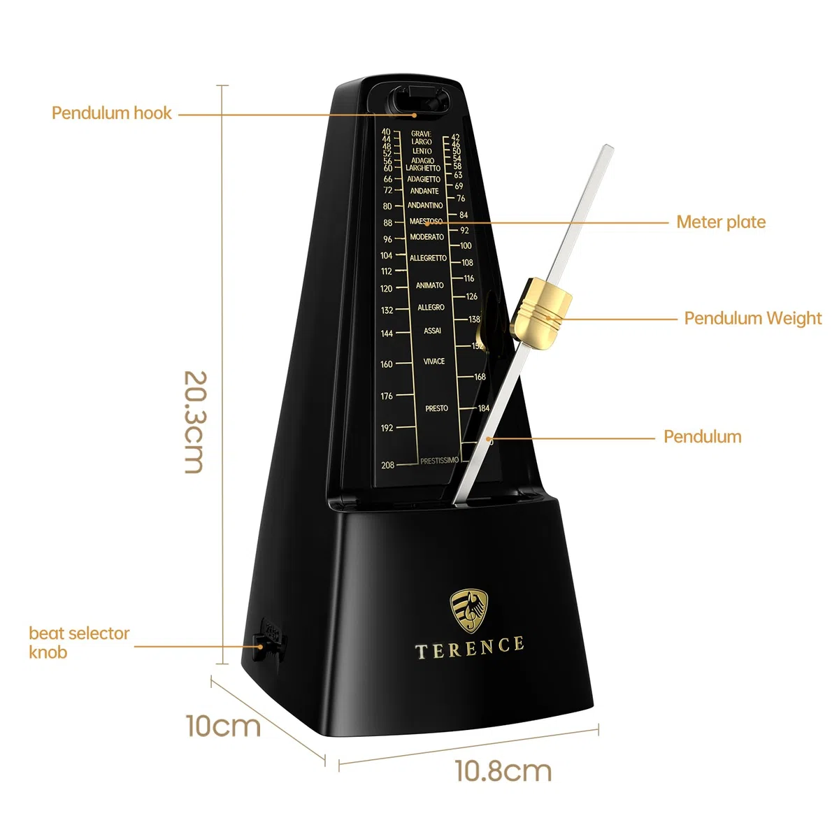 TERENCE Mechanisches Metronom Hochpräzises Metronom Lauter Ton, Geeignet für Klavier Violine Keyboard Bass Gitarre Guzheng Trommel Qinge Geeignet für Erwachsene, Kinder, Anfänger, Profi, Schwarz