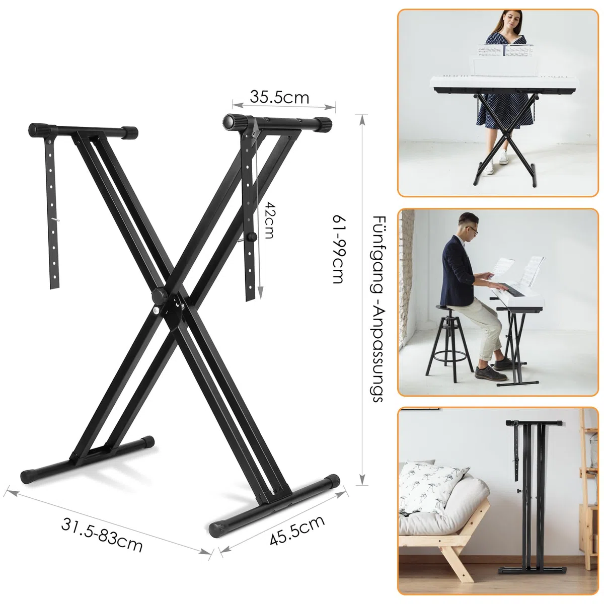MAMIZO Keyboardständer, X Doppelstrebig Keyboard Ständer Höhenverstellbar in 8-Stufen, Keyboard Stand für E Piano, Klavier Halterung, Schwarz