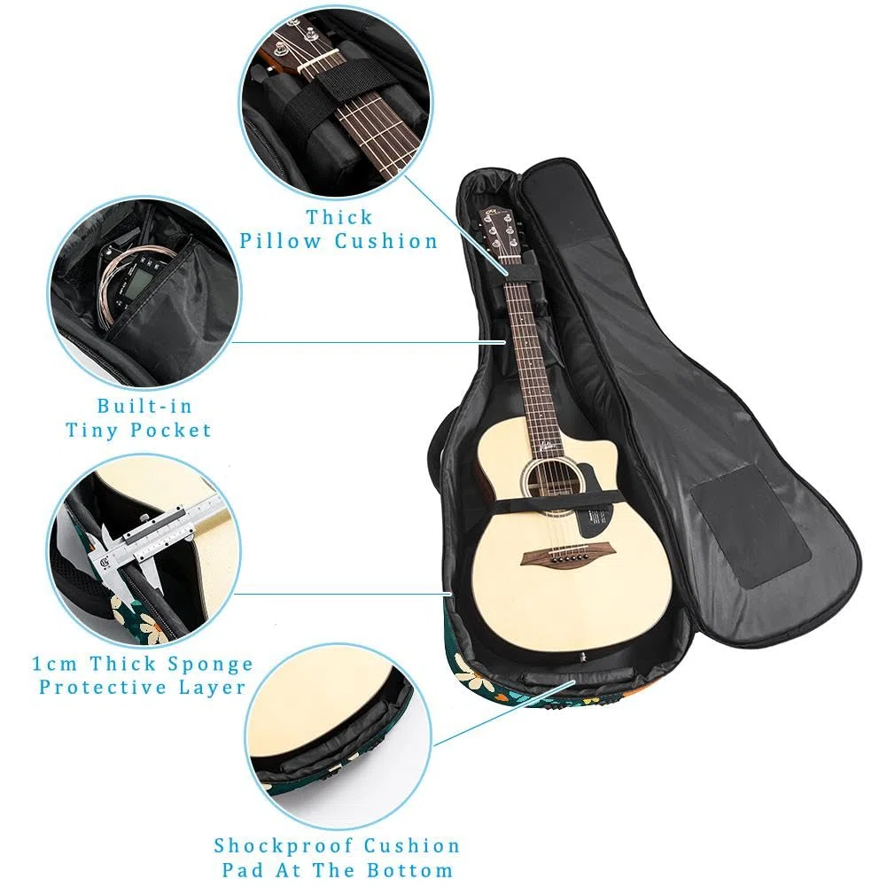 Gitarrentasche, volle Größe, 99 cm, 101,6 cm, 104,1 cm, für Akustikgitarre, Konzertgitarre, 10 mm dick, gepolstert, Gänseblümchen-Motiv, wasserdicht, mit Tasche, verstellbarer Schultergurt