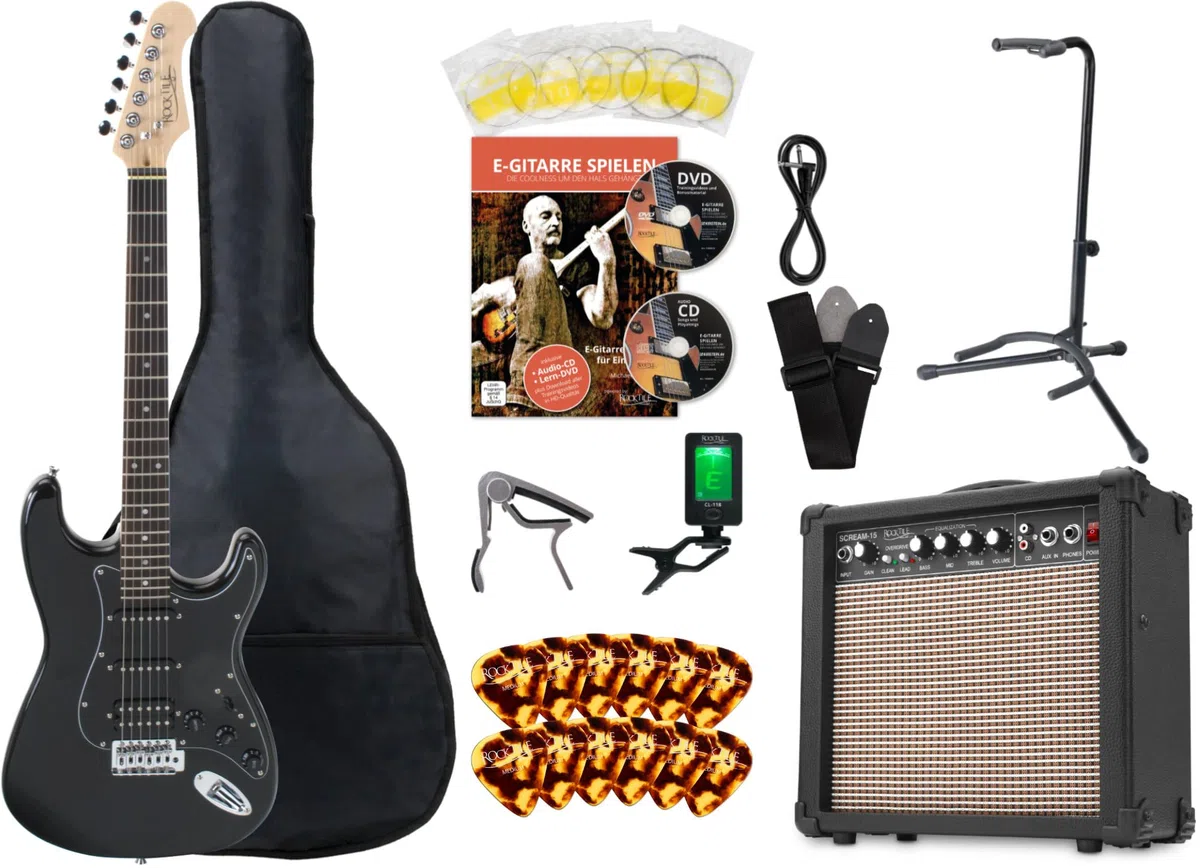 Rocktile Super Kit Komplettset E-Gitarre (Verstärker, Stimmgerät, Kapodaster, Gurt, Plektren, Tasche, Gitarrenständer und Schule inkl. CD/DVD) schwarz