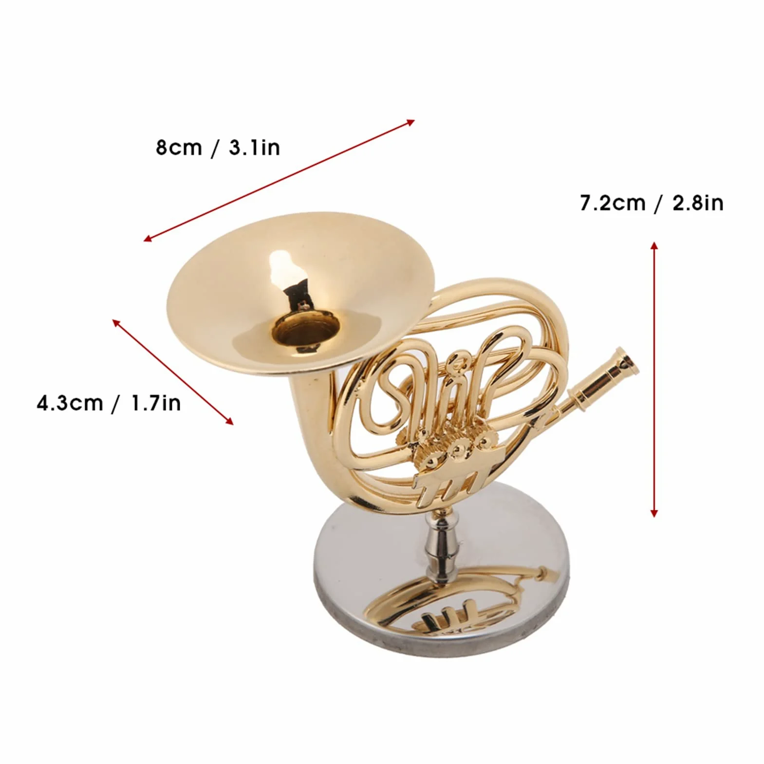 Generic Miniatur-Waldhorn-Ornament aus Goldenem Messing mit Ständer für die Dekoration von Musikzimmern, e für und Musiker