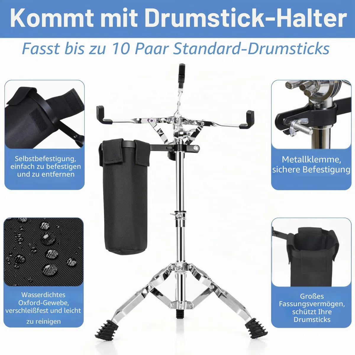 Youeon, Schnarrtrommelständer mit Halter für Schlagzeugstöcke, doppelt verstärkter Stativ-Schnarrtrommelständer, geeignet für Schnarrtrommeln von 25,4 cm bis 35,6 cm, Drum Pad, verstellbare Höhe von