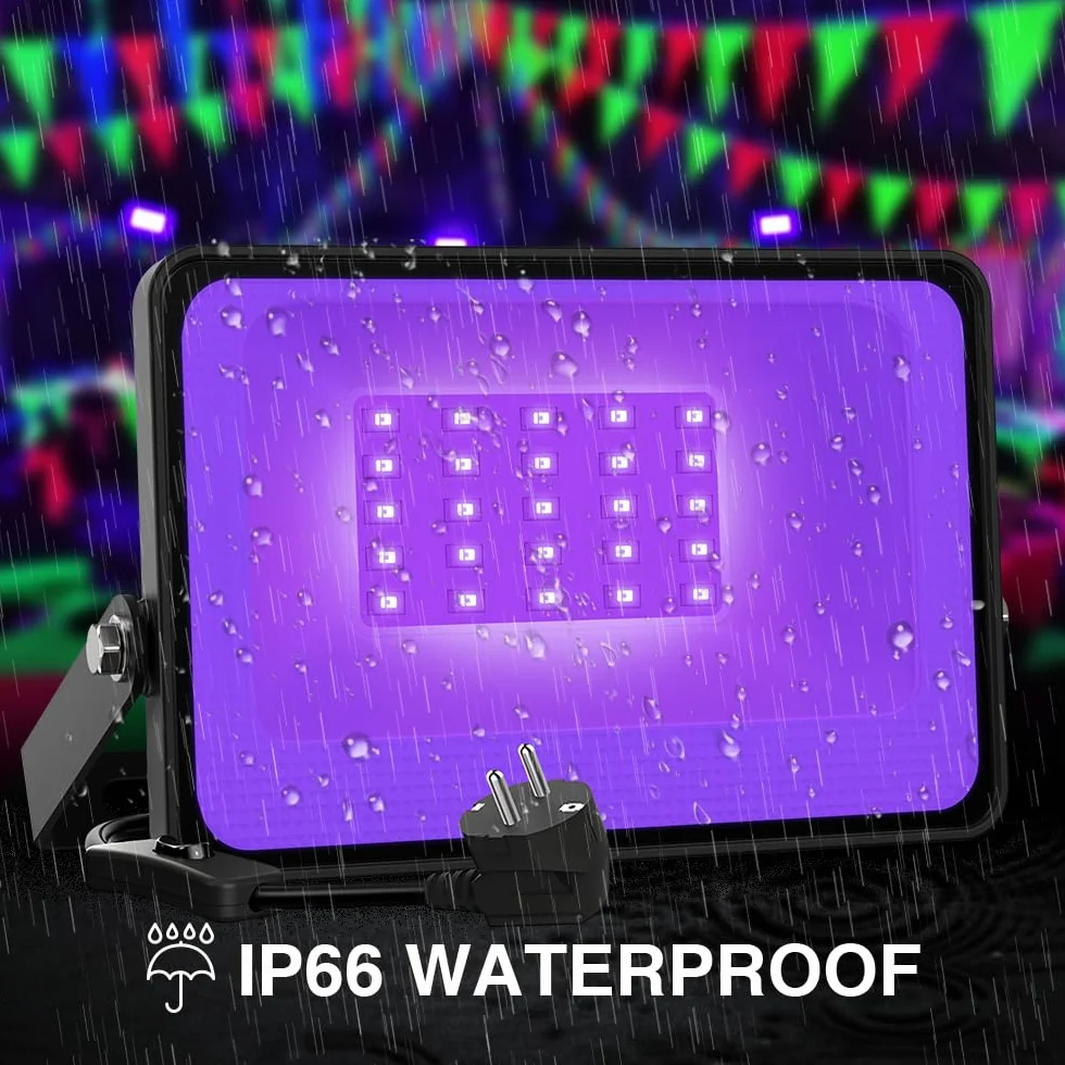 Onforu 2 er 30W LED Schwarzlicht Strahler, UV Fluter mit Stecker, IP66 Wasserdicht Schwarzlichtlampe, Fluoreszenz Blacklight mit Schalter, UV Scheinwerfer Partylicht für Bar, Neonfarben, Party Deko