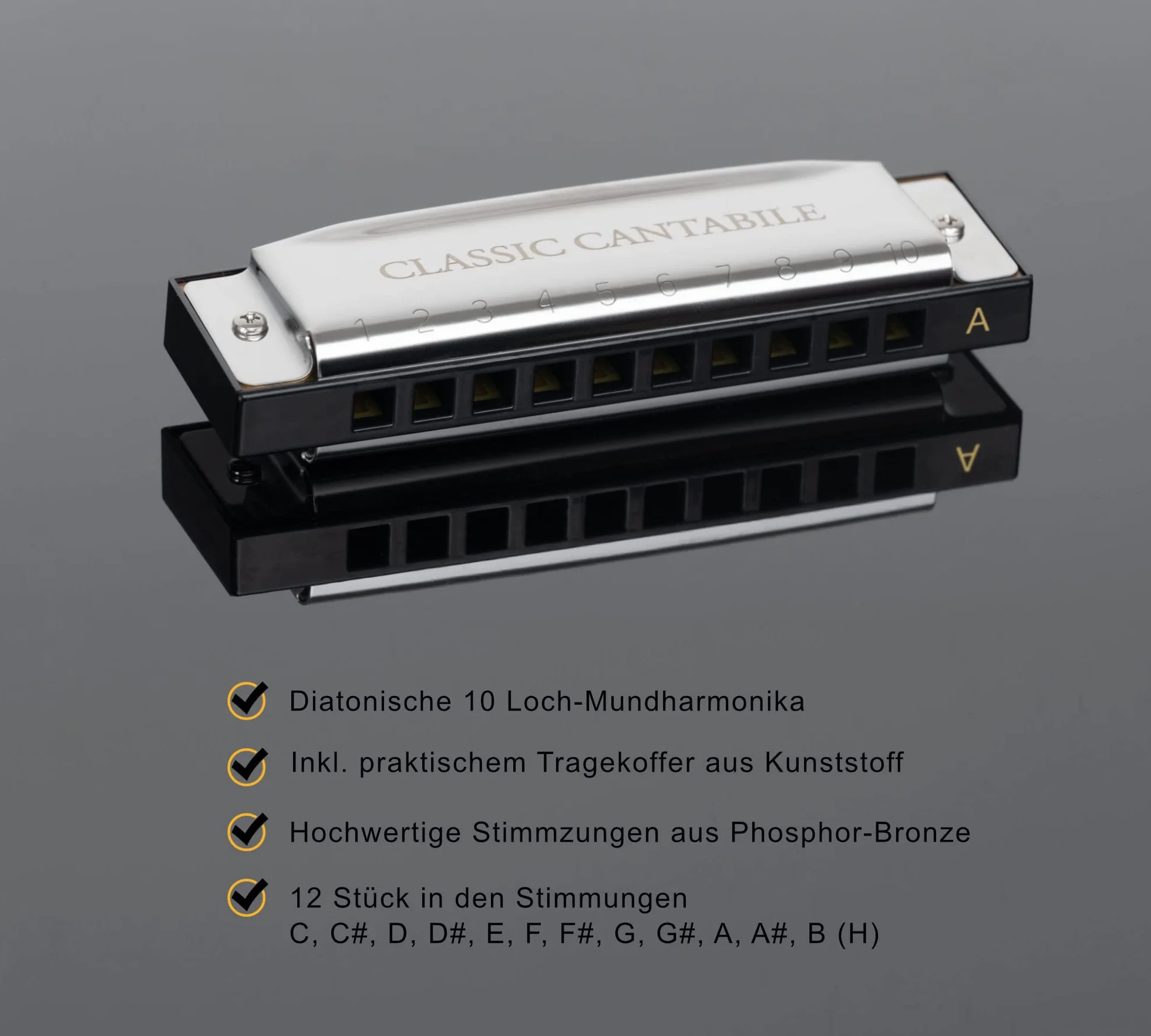 Classic Cantabile AHBS-12 Alabama Blues Harmonica 12er Mundharmonika Set - Diatonische Mundharmonikas in verschiedenen Stimmungen - 10 Messing Stimmzungen - Edelstahl-Gehäuse - Inkl. Etui & Tuch