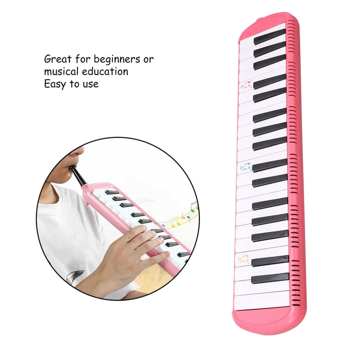 37 Tasten Melodica, Blasmusikinstrument aus Edelstahl mit Kurzen Mundstücken Tragetasche geeignet für musikalisches Geschenk für Jungen und Mädchen (Rosa)