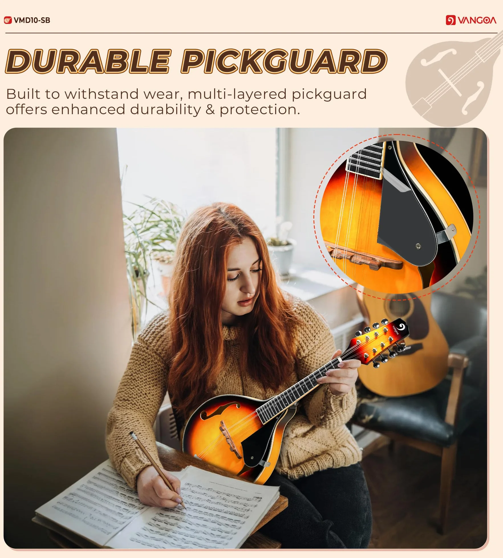 Vangoa Akustische Mandolinen Instrument 8 Saiten A-Stil Sunburst Mandoline Set für Anfänger Erwachsene Studenten Kinder mit Gigbag, Stimmgerät, Saiten, Plektren