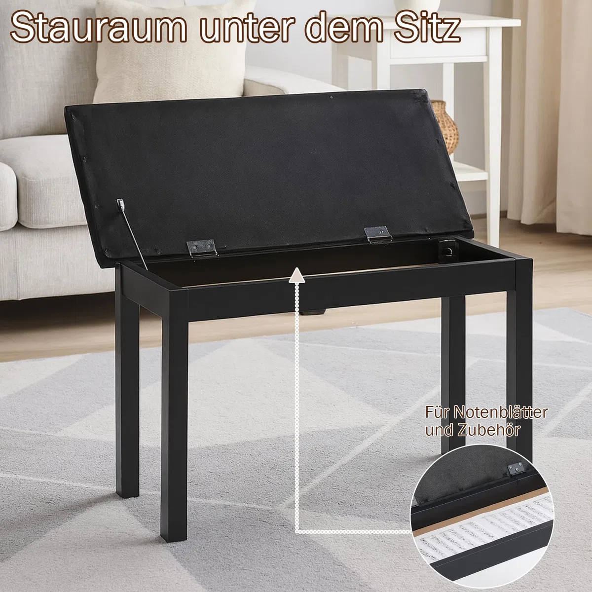 LEADZM Pianobank, Klavierhocker mit PU-Lederkissen und Eisenbeinen, Integrierter Stauraum, Maximale Tragkraft: 200 kg, 70x30x43, Schwarz