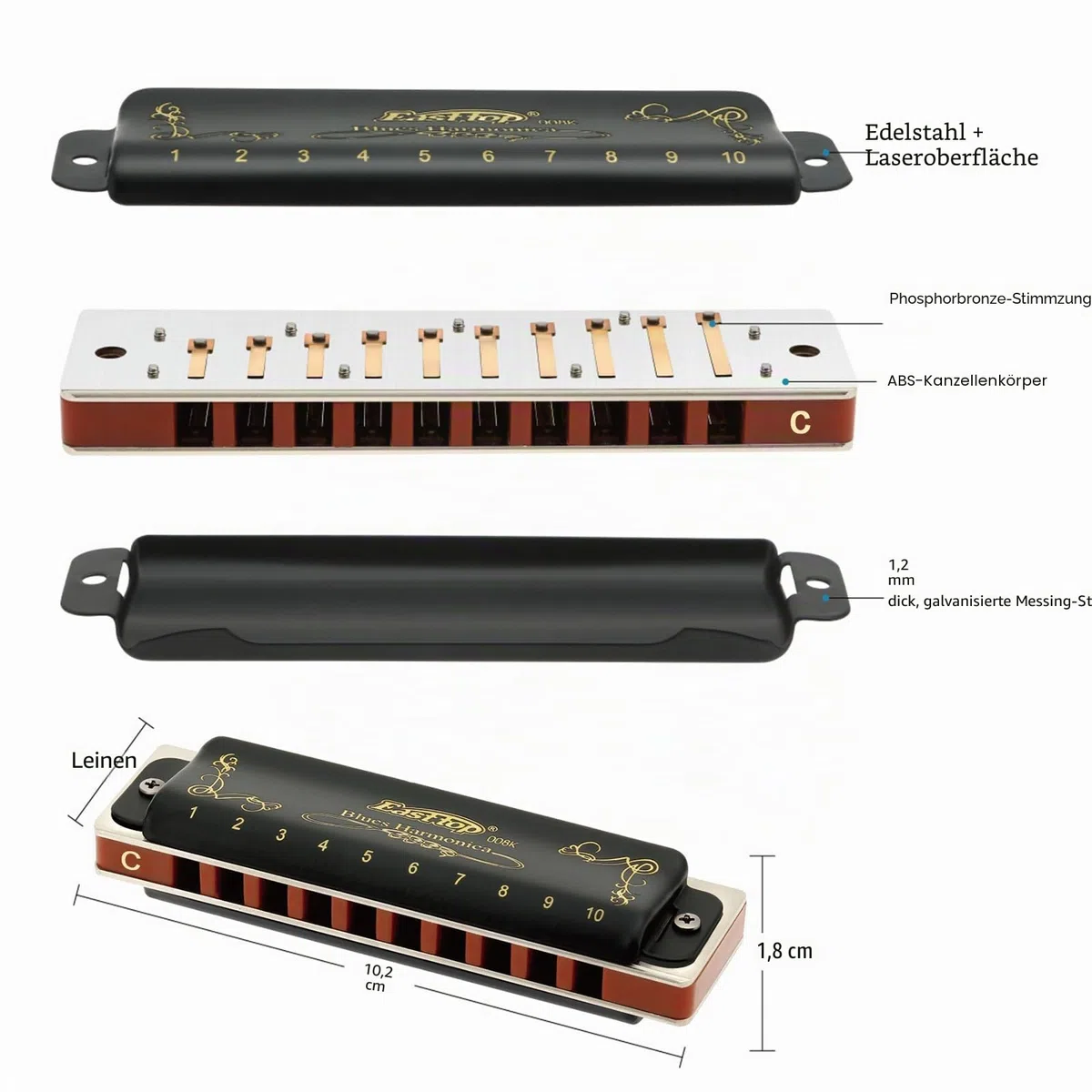 East Top Mundharmonika C Key Für T008K 10 Löcher Diatonic Blues Harmonica Für professionelle Spieler, Anfänger, Studenten, Erwachsene, Kinder, als Geschenk