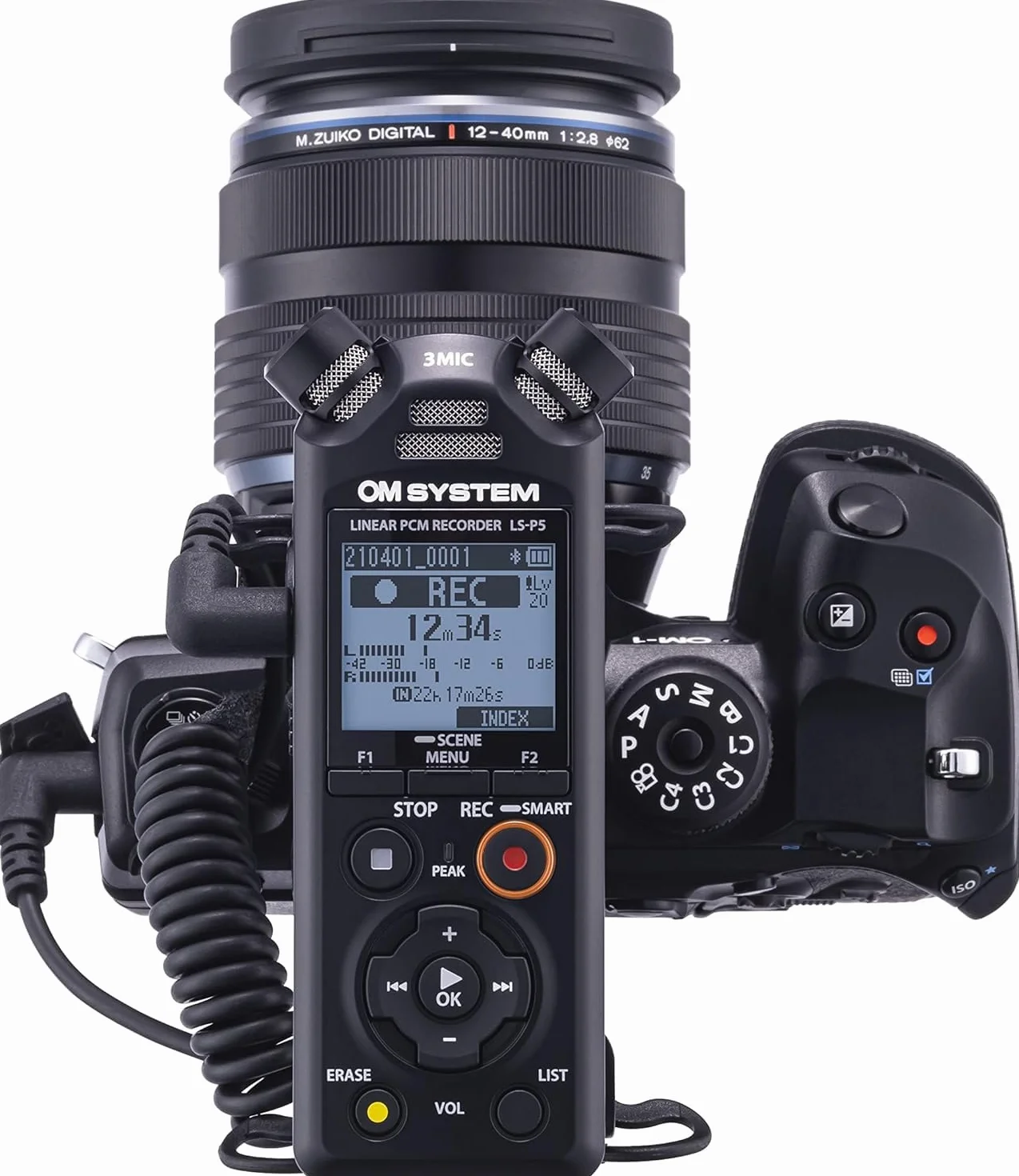OM SYSTEM LS-P5 Hi-Res Audiorekorder mit TRESMIC II 3-Mikrofonsystem, breite Richtungssteuerung, integriertes Bluetooth für Kopfhörerüberwachung und Smartphone-Steuerung, 16 GB Speicher, 37h Laufzeit