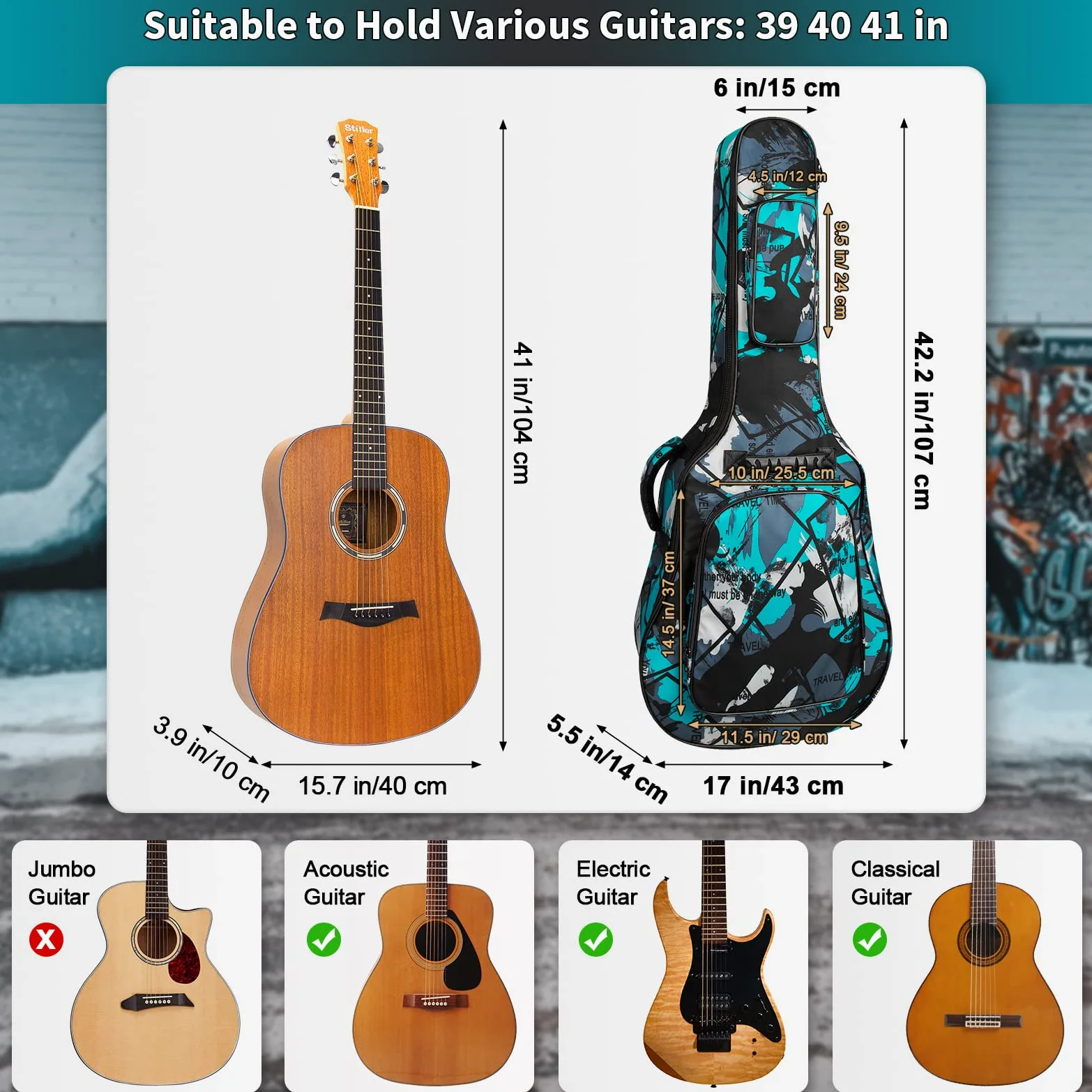 Gitarrentasche Full Size, 39 40 41inch Akustikgitarre Gig Bag, 15mm dick gepolstertes Gitarrenetui wasserdicht mit Zwei Taschen Verstellbarer Schultergurt, Halsschutzgurt