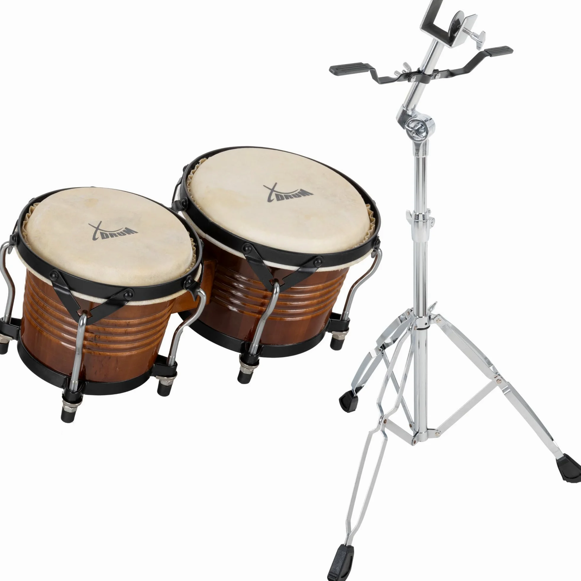 XDrum Bongos Pro Tobacco - 2 Trommeln mit 6,5" (17 cm) und 7,5" (20 cm) Durchmesser - Bongotrommeln mit stimmbaren Naturfellen, Stimmschlüssel und Ständer - Holztrommeln Braun