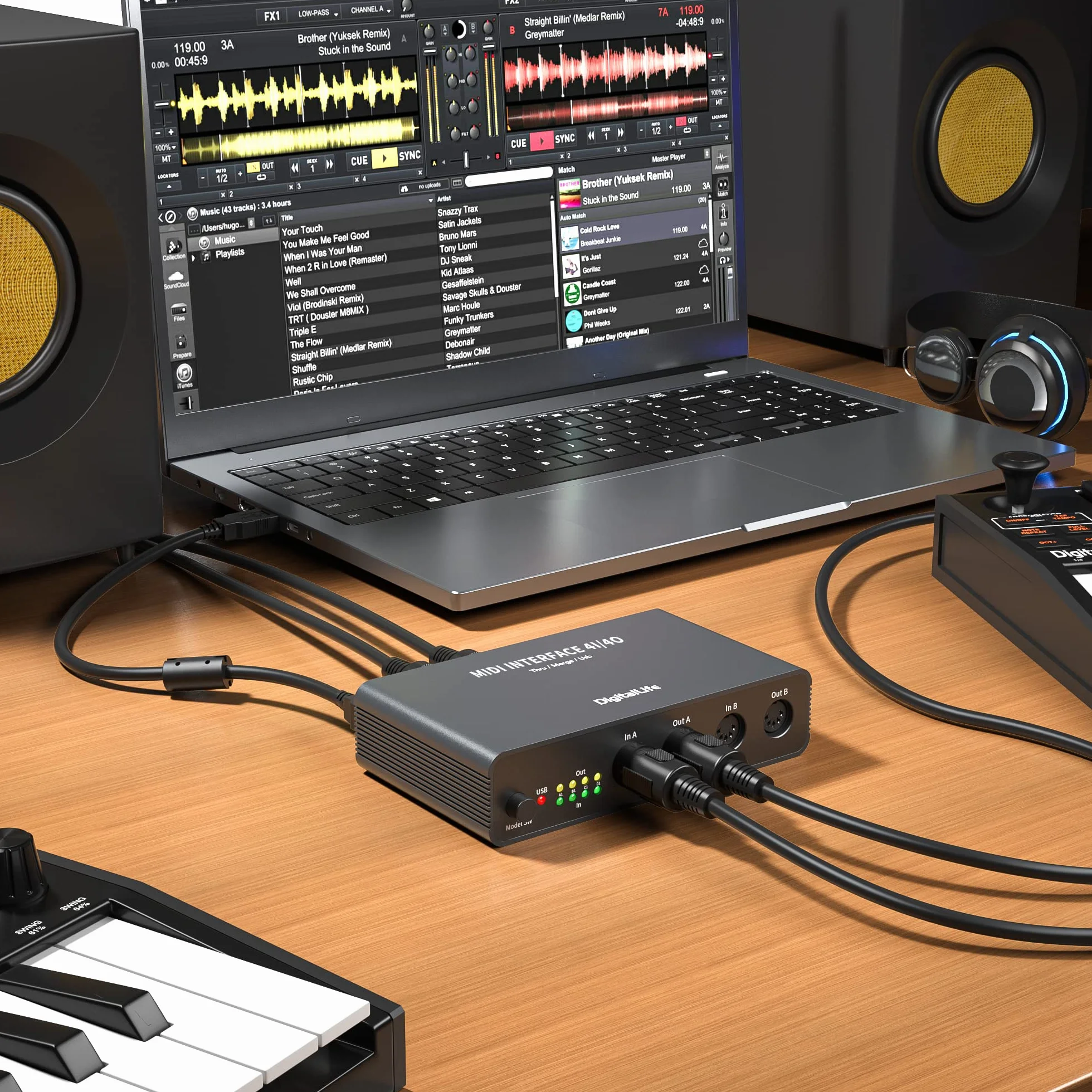 DigitalLife Quad I/O Pro 4x4 USB MIDI Interface Box – 5-Pin-DIN Merge/Thru/Splitter, Metallgehäuse mit 8 LED-Anzeigen für Keyboards, Synthesizer, Drum Machines & Live-Auftritte | UMB06-B