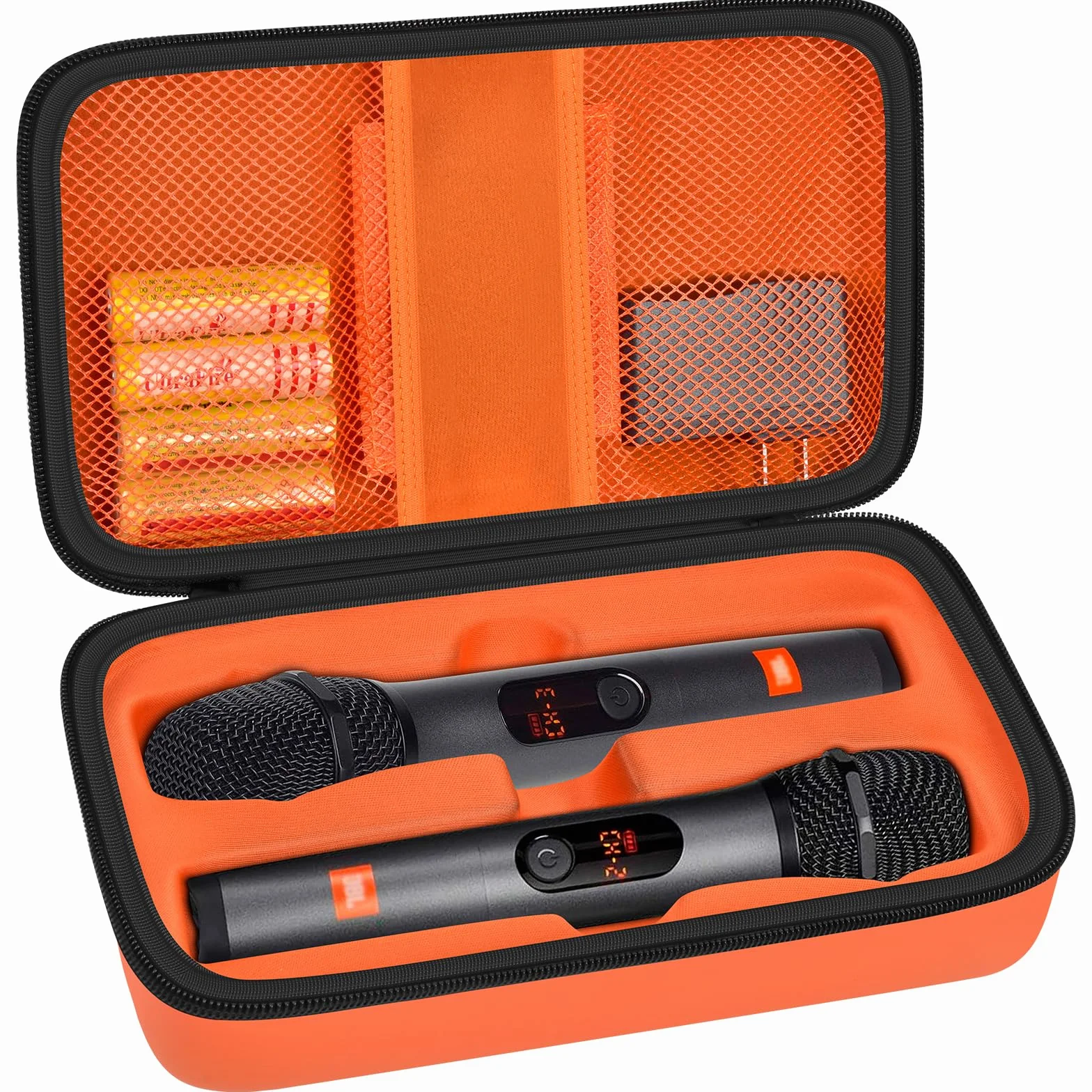 Kabelloses Mikrofongehäuse Kompatibel mit JBL Wireless Two Mikrofon System, Handheld Dual Mic Reisetasche zum Singen oder Karaoke für Empfänger, Adapter, AA Batterien-Schwarz (Nur Box) (orange)