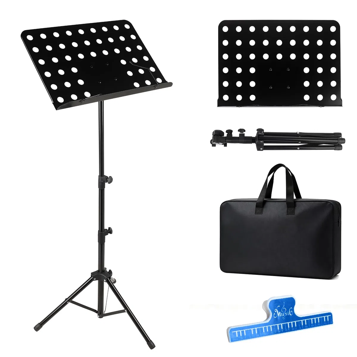 Orchesterpult Lochblech Notenständer Stabiler faltbar, höhenverstellbar von 70cm bis 160cm Metall-Ständer, Notenpult für dicke Bücher, Tablets und Notenblätter mit Notenklemmen und Ablage, Schwarz