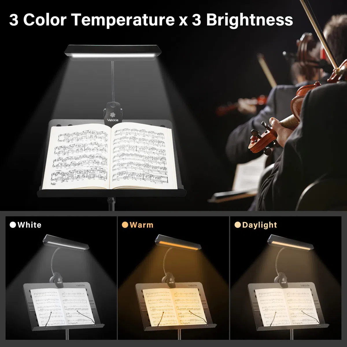 Vekkia Professioneller Notenständer Licht, Notenpultleuchte mit 19 LEDs, Lampe für Notenständer zum Aufklemmen auf Orchester-Klavieren, 9 Stufen Dimmbar, Wiederaufladbar，Perfekt für Klavier, Orchester