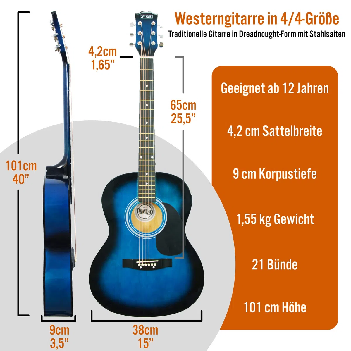3rd Avenue 4/4 Westerngitarren-Set in Normalgröße mit Stahlsaiten, für Anfänger – 6 Monate KOSTENLOSER Unterricht, Tasche, Plektren und Ersatzsaiten – in Blau