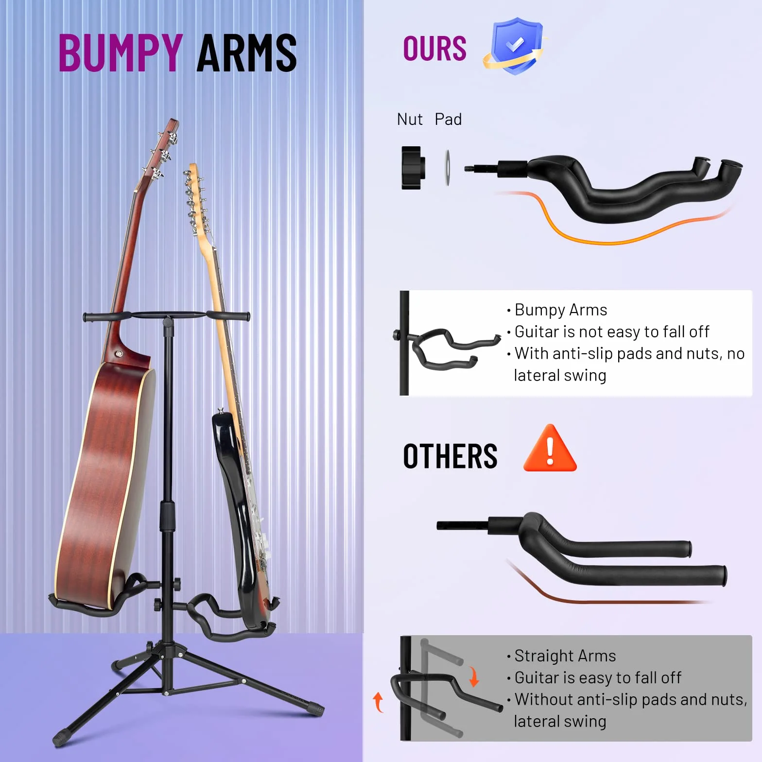 CAHAYA Gitarrenständer Boden für 2 Instrumente mit Halshalterung Verstellbarer klappbarer Universal-Stativ Gitarrenständer für Akustische E-Gitarre Bass Banjos CY0321