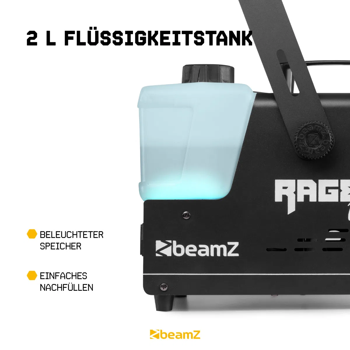 BeamZ RAGE1000LED Nebelmaschine mit Flüssigkeit, 1000 Watt Fogger inkl. 5L Nebelfluid, DMX Rauchmaschine mit Lichteffekt, Intervall Fog Machine, Funkfernbedienung, 2 Liter Tank, Timer, Partyrauch