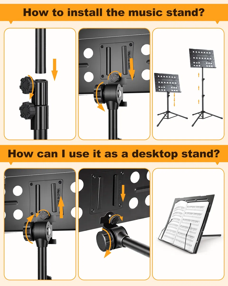 New Bee Notenständer, 2 in 1 Notenständer Klappbar Stabil mit Tragetasche & Höhenverstellbar Music Stand Kinder Erwachsene für Bandauftritte & Übungen zu Hause, Schwarz