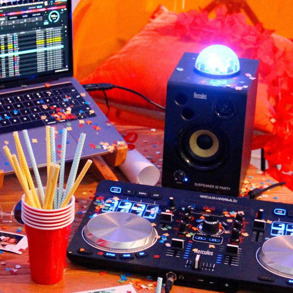 Hercules DJSpeaker 32 Party: 2 x 15 Watt aktive Monitor-Lautsprecher mit integrierter Beleuchtung