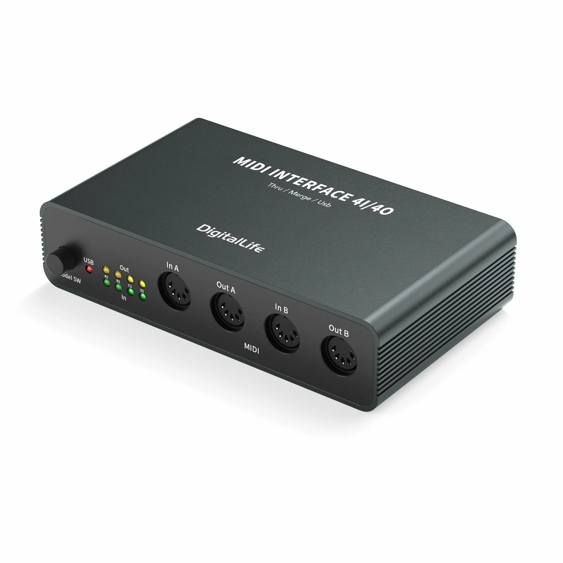 DigitalLife Quad I/O Pro 4x4 USB MIDI Interface Box – 5-Pin-DIN Merge/Thru/Splitter, Metallgehäuse mit 8 LED-Anzeigen für Keyboards, Synthesizer, Drum Machines & Live-Auftritte | UMB06-B