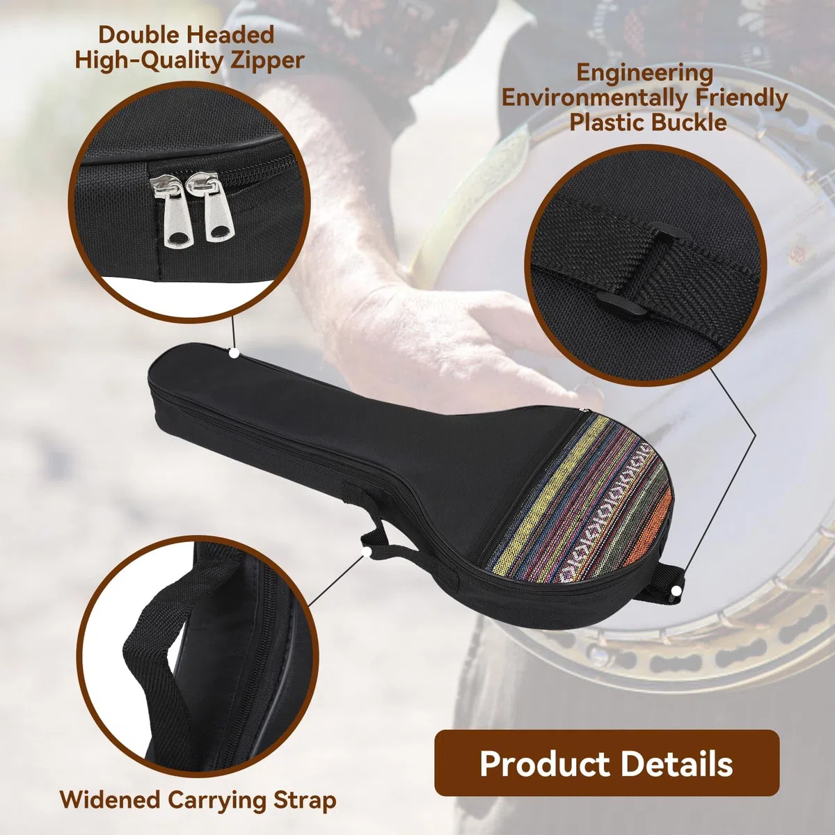 4 String Banjo Tasche, 63,5x26,5x7,5cm/25x10,4x3 Zoll Banjo Organizer Banjo Tasche 4-Saiten-Banjo-Tasche Gig Ethnischer Stil Banjotasche Baumwolle mit verstellbaren Riemen Instrumentenzubehör