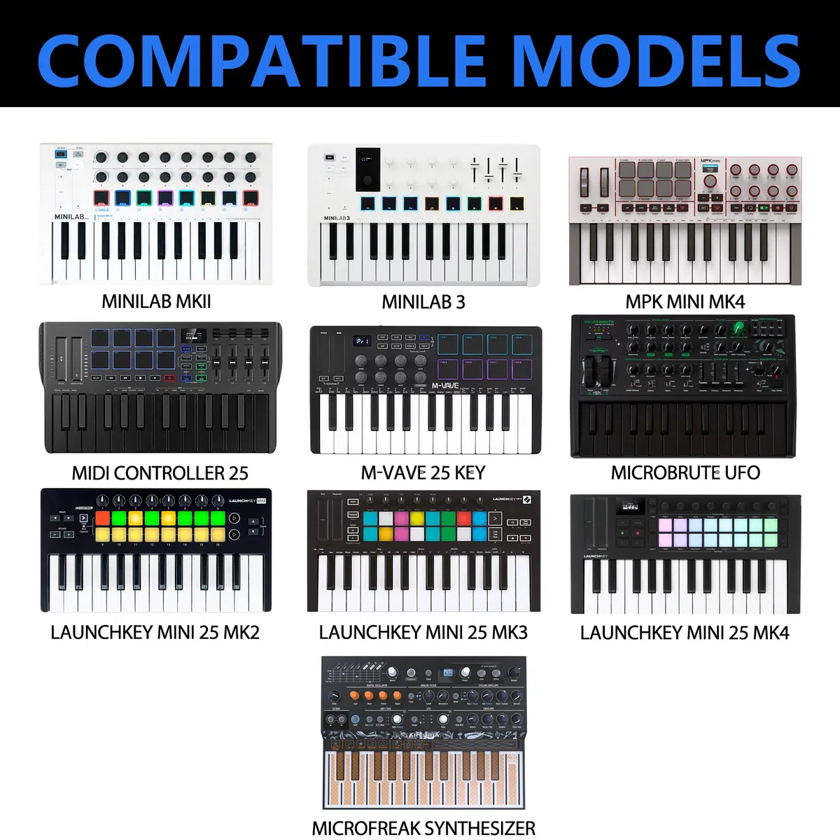 Musiin Hochwertige Midi-Keyboard-Controller-Schutzhülle aus Samt, kompatibel mit Arturia MiniLab 3,MiniLab mkII, MPK Mini MK4,Synthesizer mit 25 Tasten,tragbare Schutztasche mit Schultergurt (Schwarz)