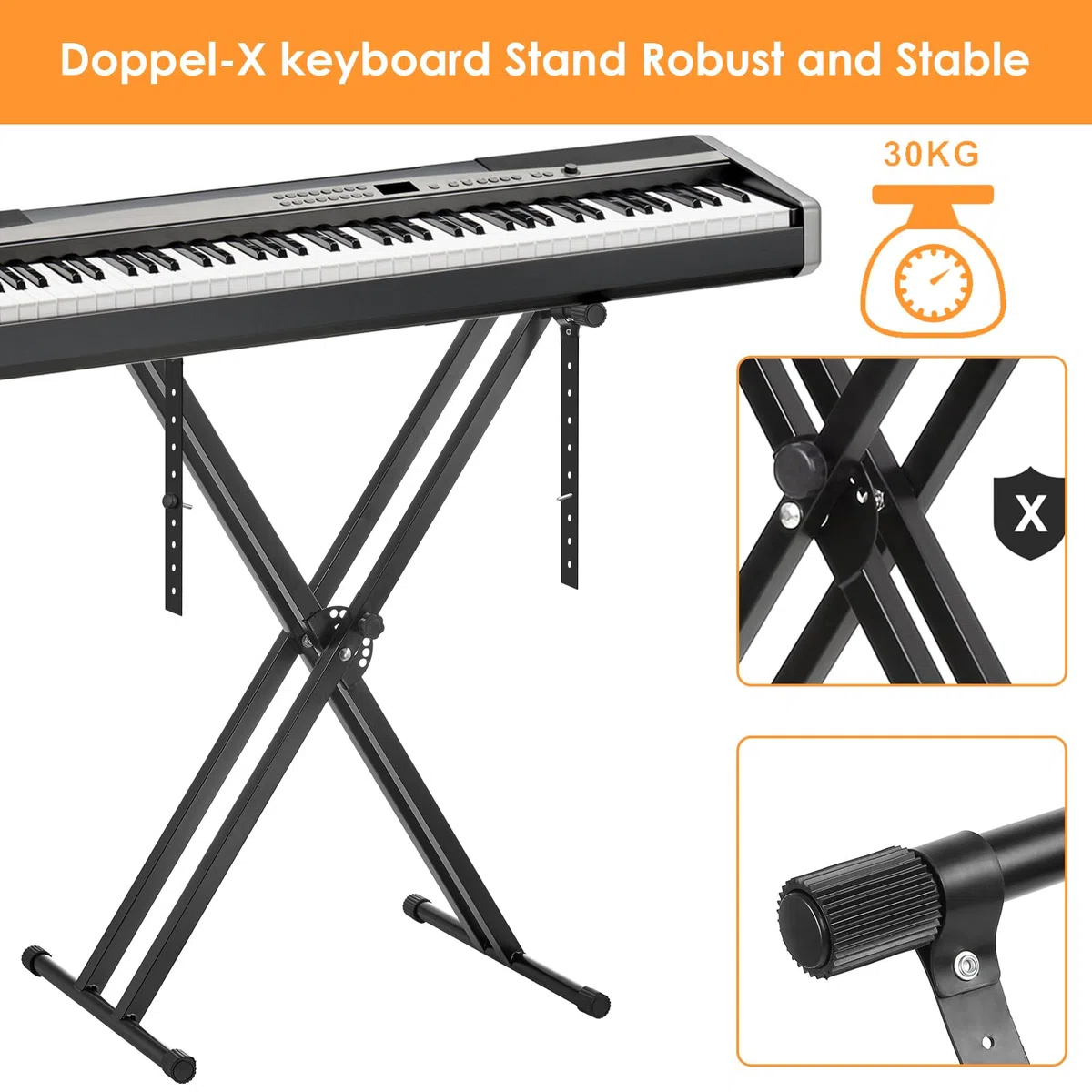 MAMIZO Keyboardständer, X Doppelstrebig Keyboard Ständer Höhenverstellbar in 8-Stufen, Keyboard Stand für E Piano, Klavier Halterung, Schwarz