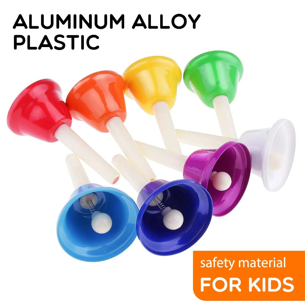 Alnicov Musik Handglocke, Alnicov Rhythmus Band Kinder Spielen Handglocken, 8 Sound, 8 Farben Musikglocke Für Kinder, Senior, Lehrer, Schreibtischglocke Metall Handglocken Set (Ein Satz Von 8 Noten)