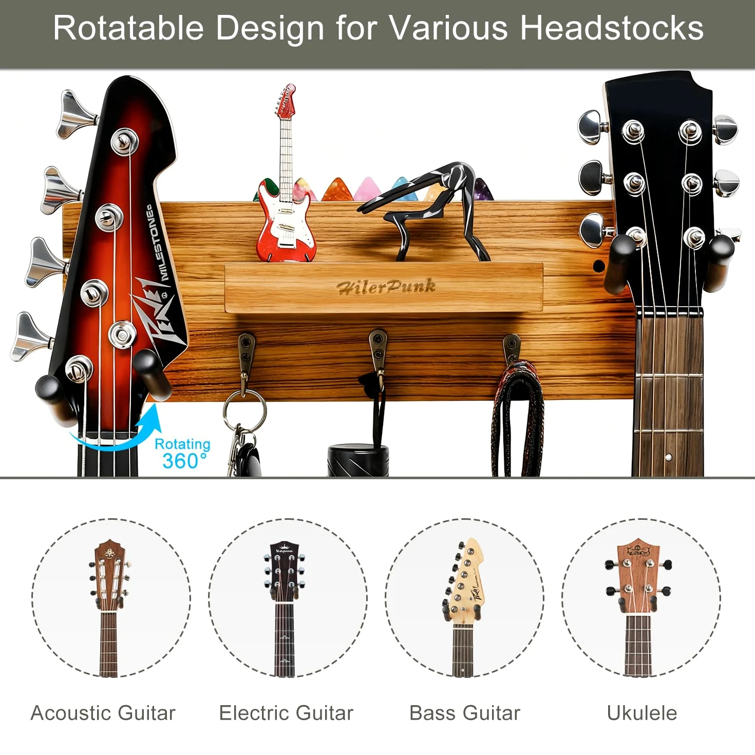 Gitarrenwandhalterung,Massivholz, Gitarrenwandaufhänger mit 3 Aufbewahrungshaken und 2 drehbaren Gummi Gitarrenaufhängern,Gitarrenständer mit Ablage und Plektrum Halter