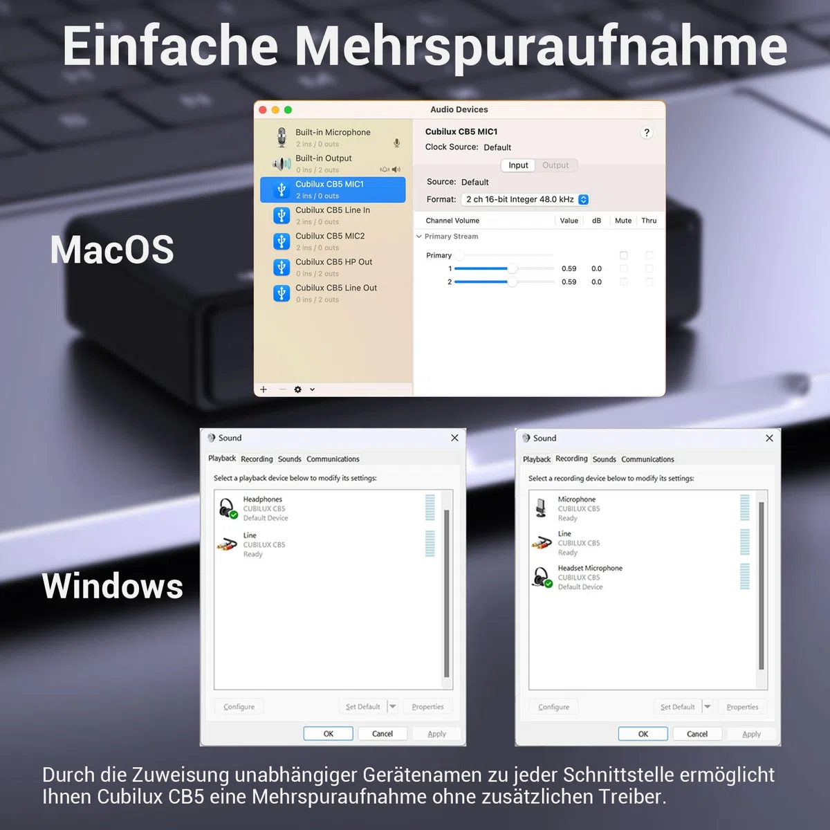 Cubilux CB5 USB Audiointerface, USB zu 3,5 mm Soundkarte mit Stereo Mikrofoneingang, Line In, Line Out, Kopfhörerausgang, für Recording, Streaming, Podcast, Windows, Mac OS