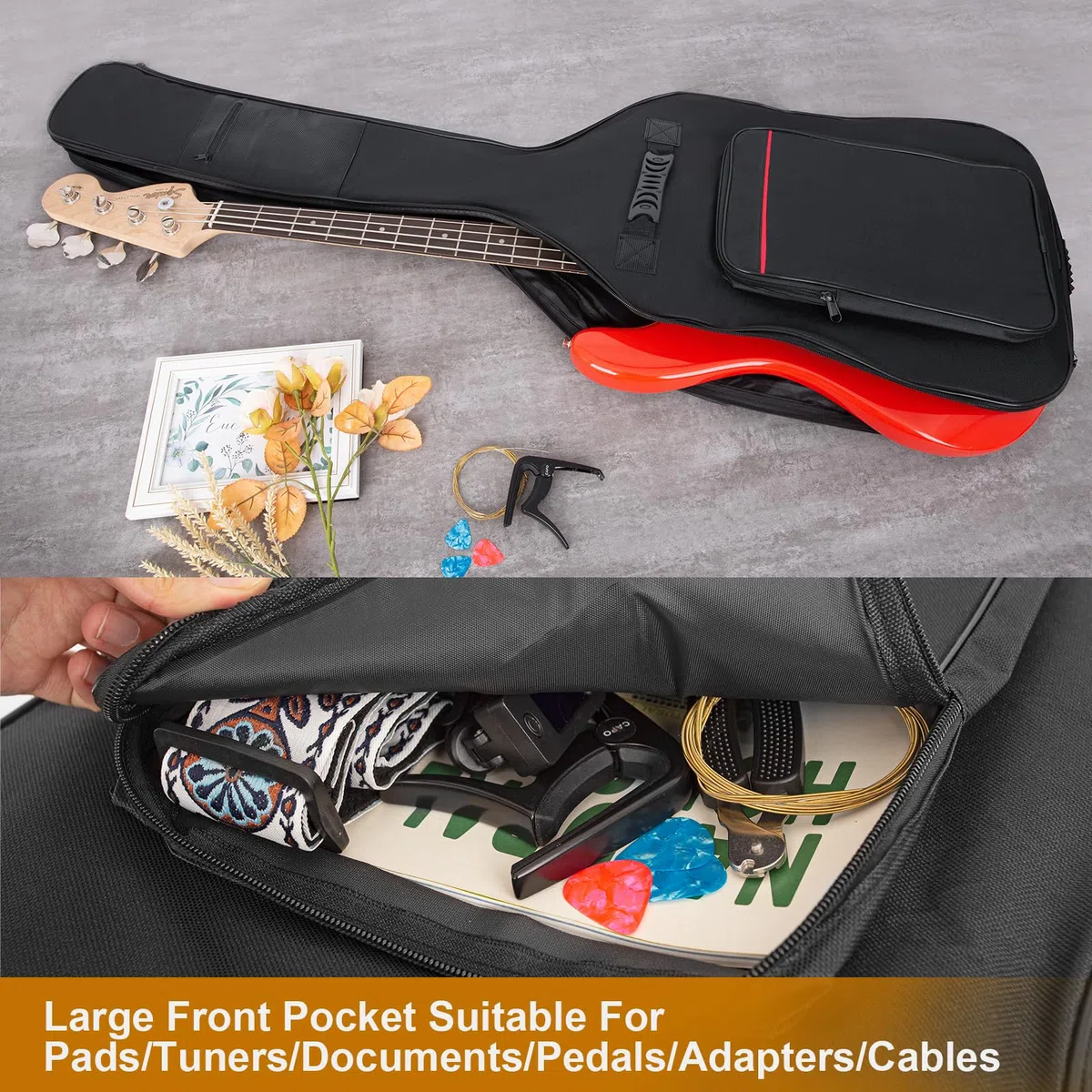 LETSROCK Bassgitarrenkoffer 8 mm Polsterung Bassgitarrentasche wasserdichte E-Bass-Tasche, E-Bass-Gigbag Basskoffer Rucksack mit Nackenriemen und Taschen