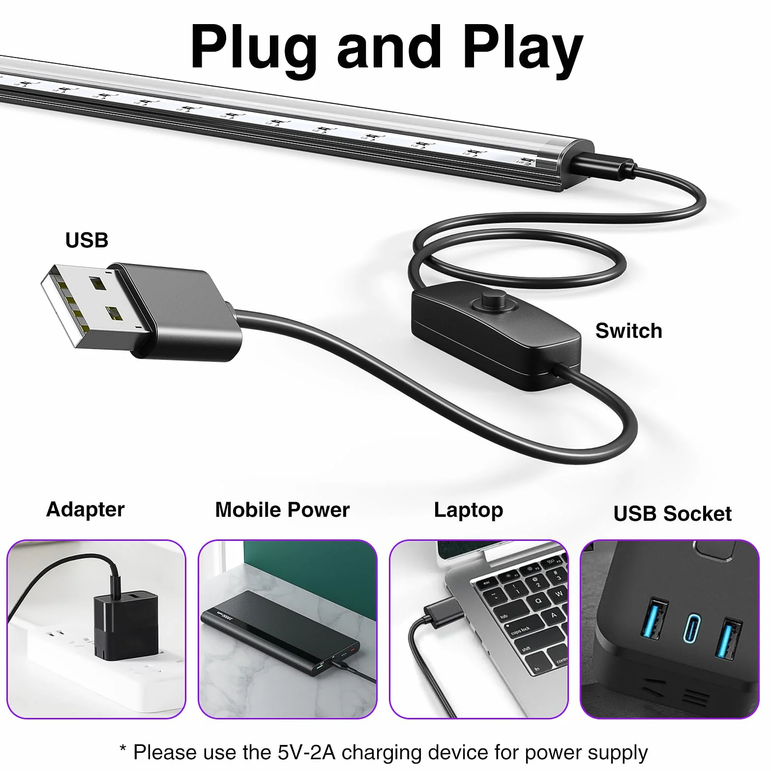 Onforu 10W Schwarzlicht Röhre, USB 28 cm Schwarzlichtlampe, 385-400 nm UV Licht, Schwarzlicht LED UV Bar für Disco, Club, Glow Party, Party Zubehör, Halloween Deko, 2er