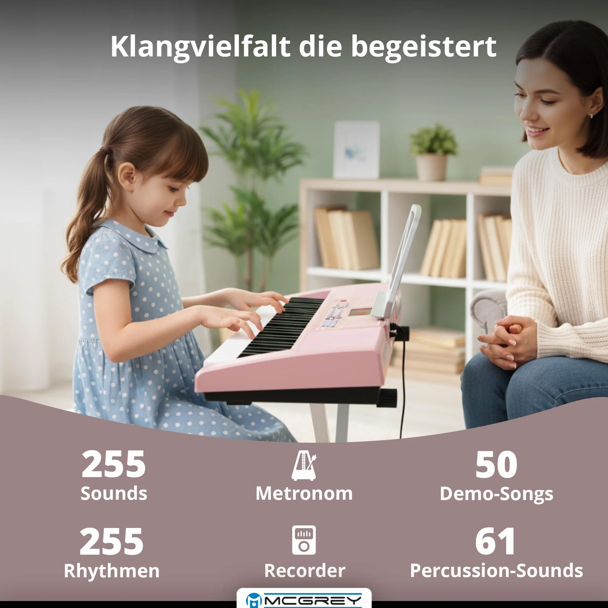 McGrey LK-6120-MIC Keyboard - Einsteiger-Keyboard mit 61 Leuchttasten - 255 Sounds und 255 Rhythmen - 50 Demo Songs - Inklusive Mikrofon - Pink