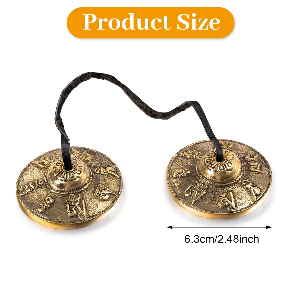 Boao Tibetische Tingsha-Becken Meditationsglocken mit tibetischem Kordelzug-Tuchbeutel, 6,3 cm Meditations-Glocken, für Percussion-Instrument (Om Mane, Padme Hum Symbole, geprägt)