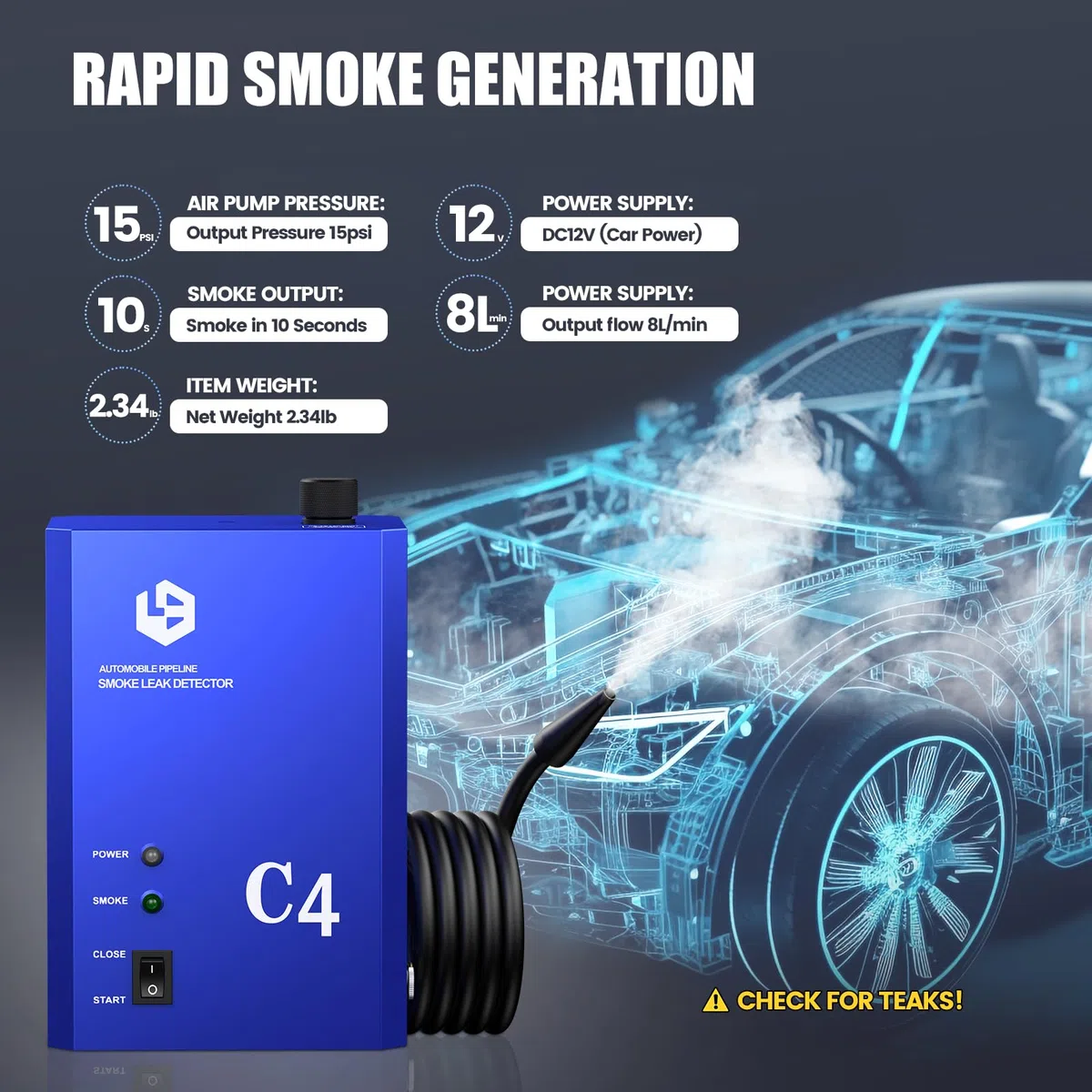 GODIAG 12V KFZ-Rauchprüfgerät mit integrierter Luftpumpe zur Lecksuche Blau | 12V C4 Rauchprüfgerät mit Pumpe: Findet schnell & sicher Vakuum-, EVAP- & Auspuff-Lecks an Autos & Motorrädern