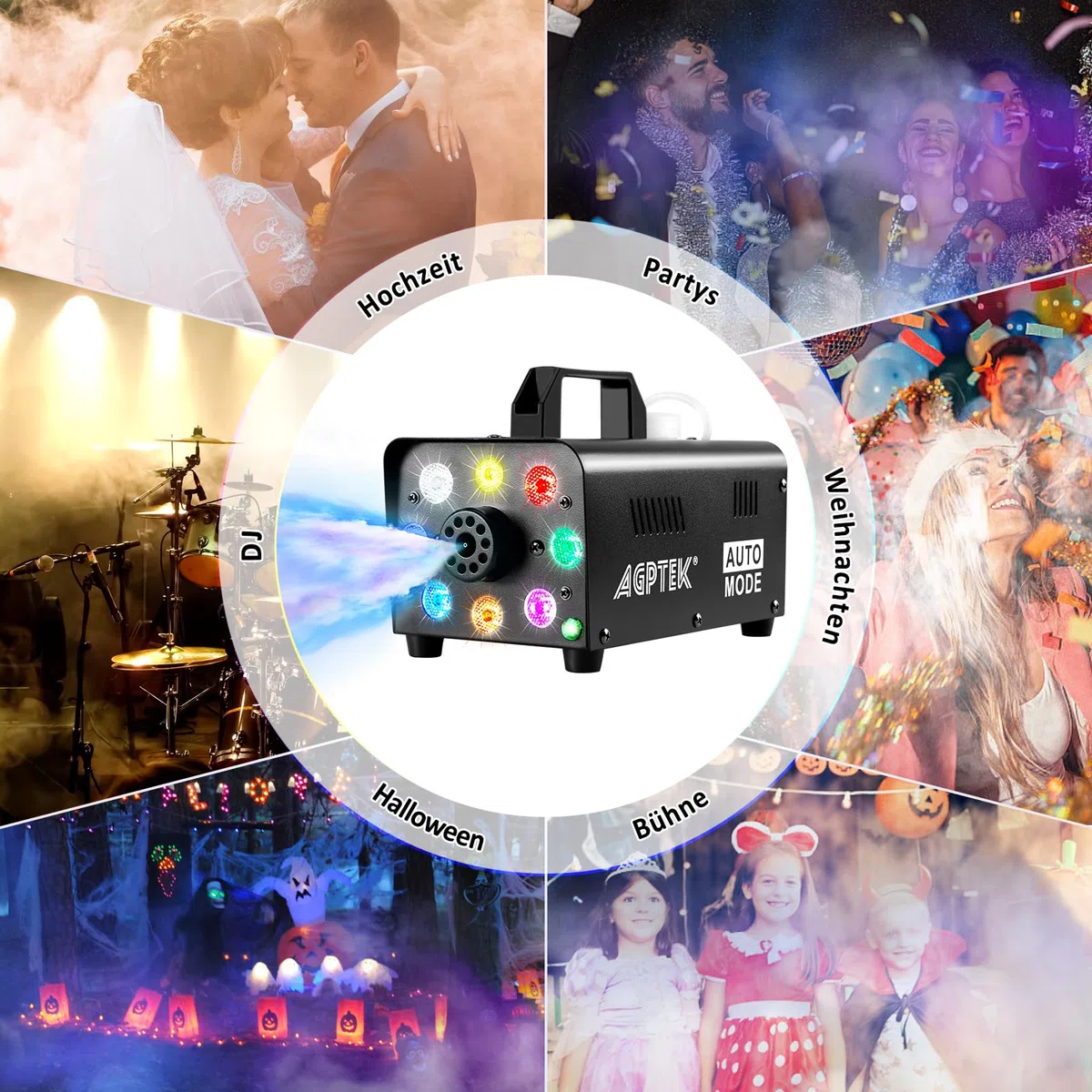 Nebelmaschine, AGPtEK Nebel Maschine mit kabelloser Fernbedienung UND LED Licht, Stabil & Tragbar, Passend für Halloween, Weihnachten, Hochzeitsfeiern & Bühnenauftritte usw