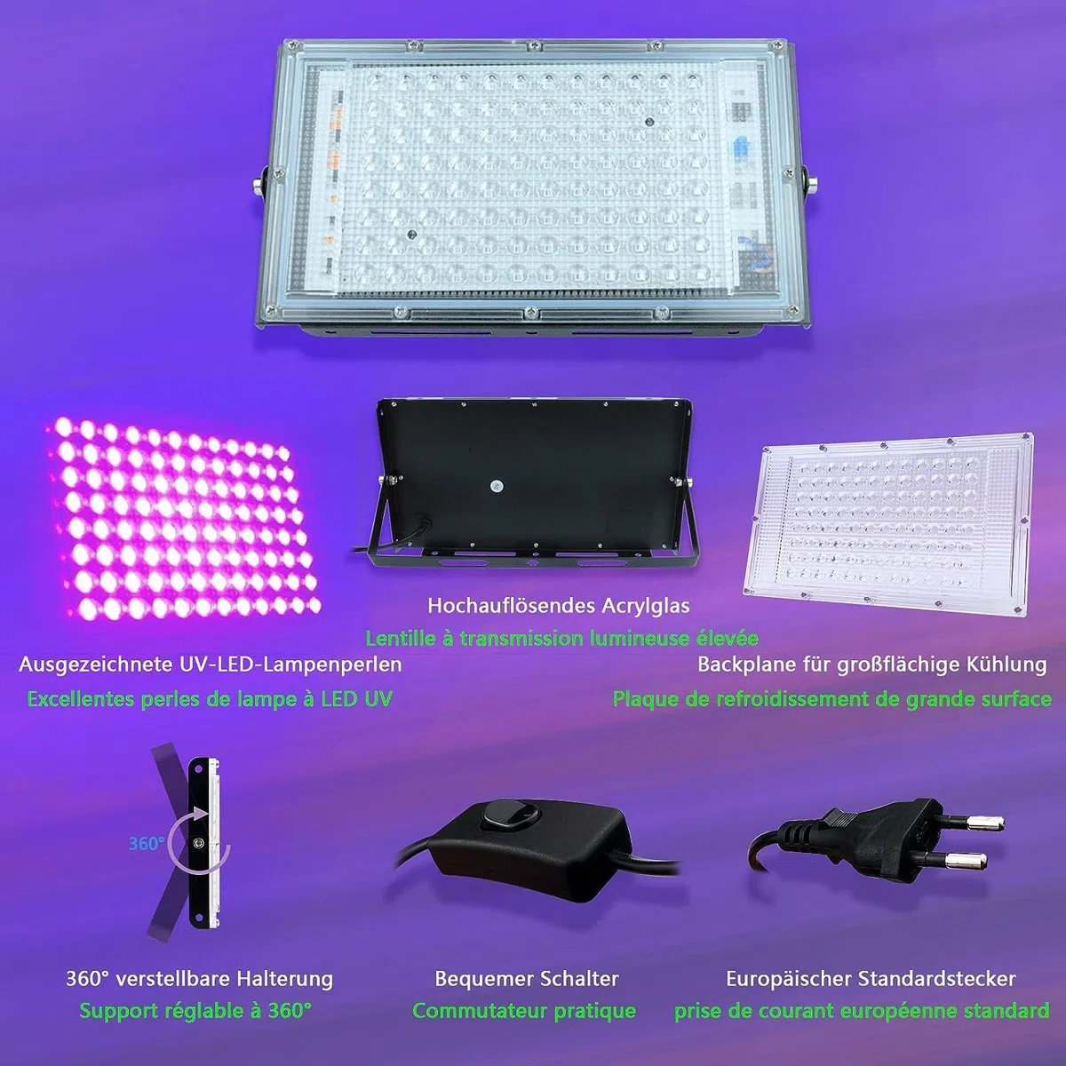 Glostars 100W LED UV Schwarzlicht Strahler, Schwarzlichtlampe, IP66 Wasserdicht, 395-400nm UV Partylicht mit Schalter für Bar, Partyzubehör, Schwarzlicht Deko, Bühnenbeleuchtung (1 Packung）