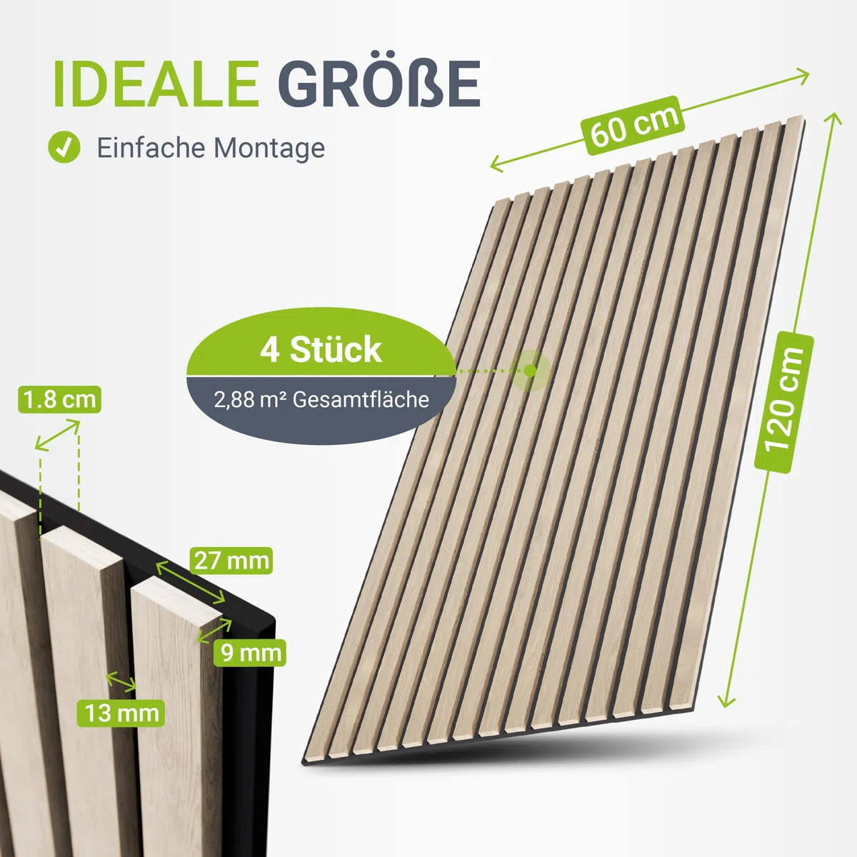 Juskys Akustikpaneele 4er Set 120x60 cm 2,88 m² | Ruhe statt Hall in Wohnzimmer & Büro | Wandpaneele mit Holzoptik | geprüfte Schallabsorption & flammhemmend | Eiche Natur Hell