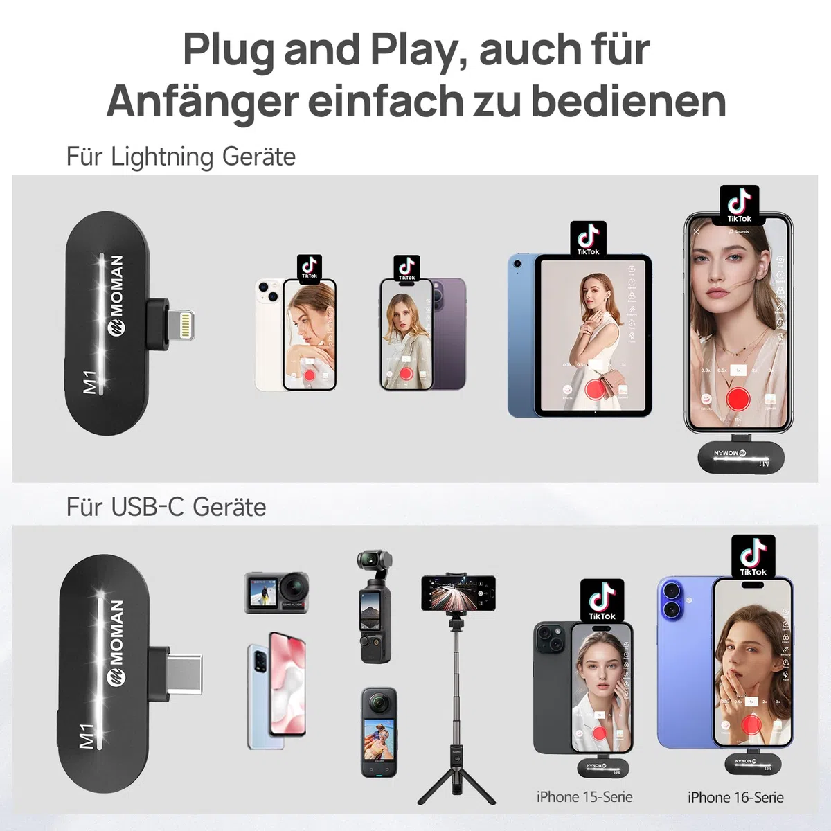 Moman Kabelloses Lavalier Microphone, CP1X(C) 2.4GHz【Type-C&USB】 2TX&1RX Ansteckmikrofon für Android Phones Tablet Vlog Live-Streaming Tiktok,Drahtloses-Lavalier-Mikrofon-Funkmikrofon-Smartphone